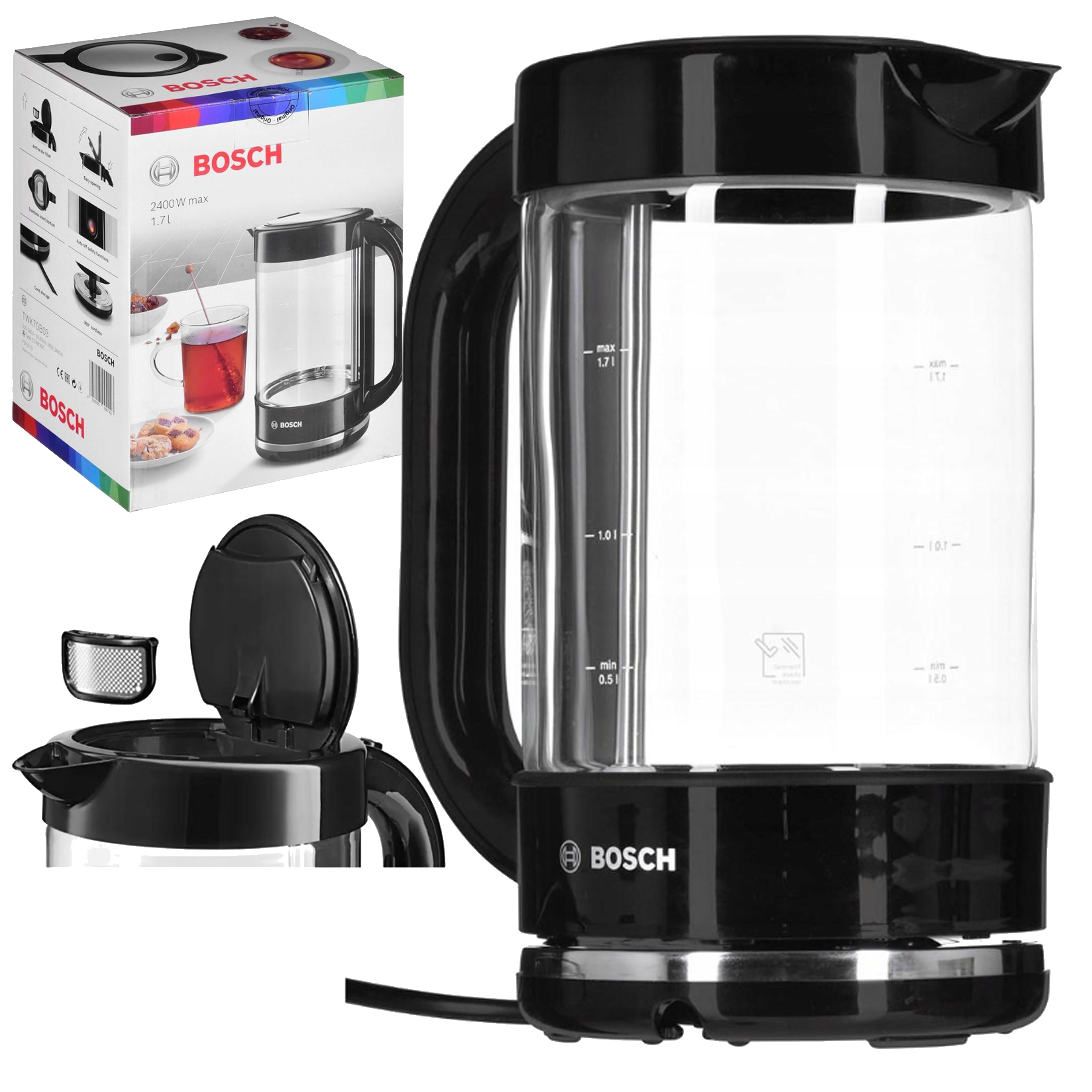 Szklany Czajnik Elektryczny Bosch Czarny Bezprzewodowy 1,7L Wyjmowany Filtr