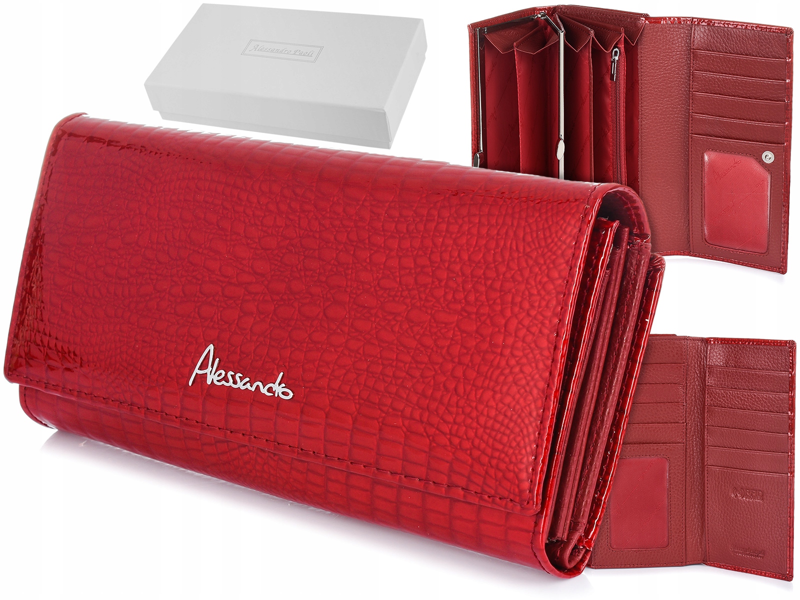 Dámská lakovaná kožená peněženka velká, dvoudílná, červená Alessandro