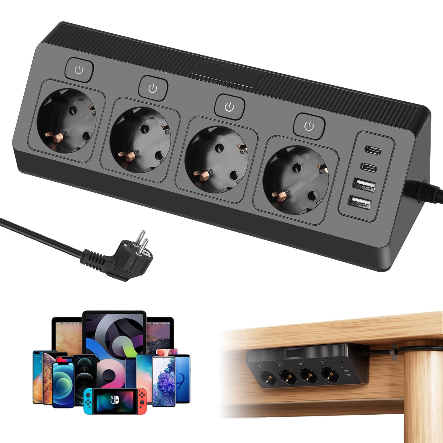 Prodlužovací Kabel Zásuvková Lišta Vypínač 2x Usb 2x Typ C 4 Zásuvky Uzemnění