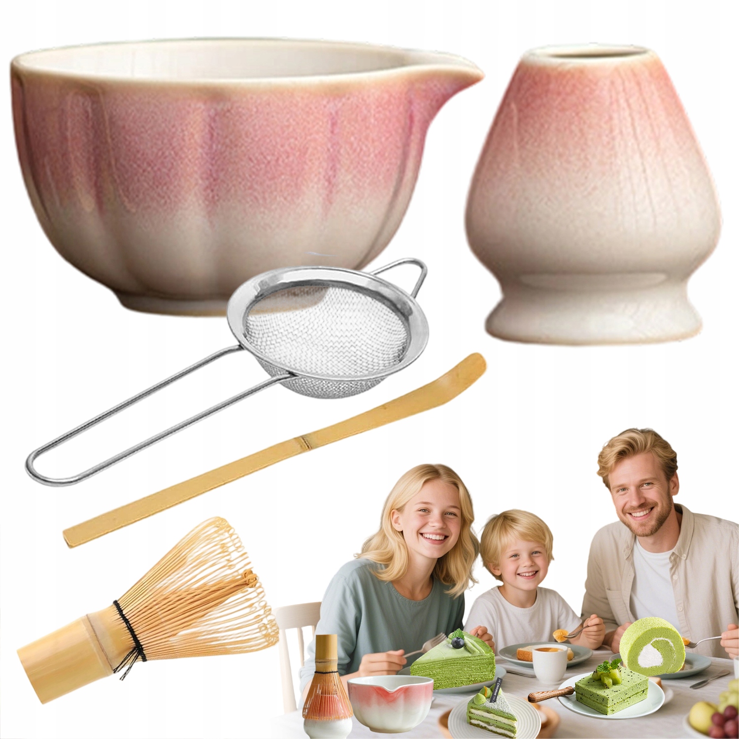 Levně Sada Na Matchu Gradient Keramická Mísa Bambusová Metla Komplet 5DÍLŮ