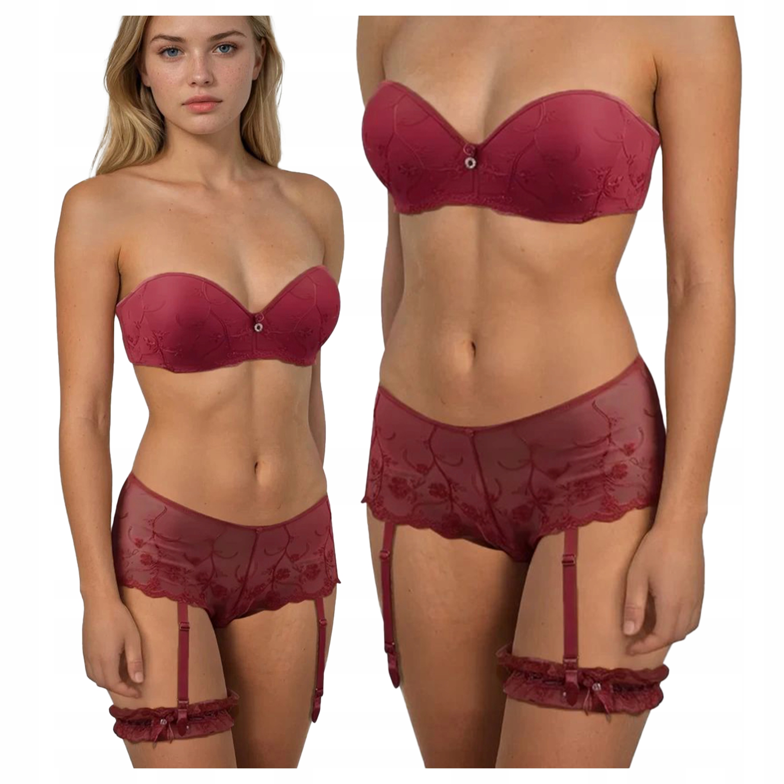 Smyslný komplet Push-up podprsenka kalhotky podvazek Grace Červená 75C