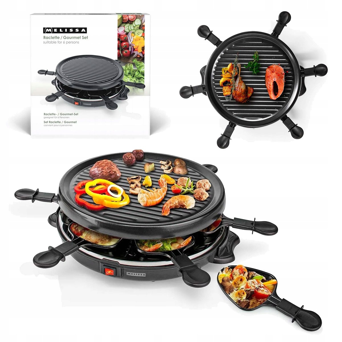 Elektrický Gril Raclette Melissa 800 W Pro 6 Osob, 6 Misek, Nepřilnavá Sýrová Miska