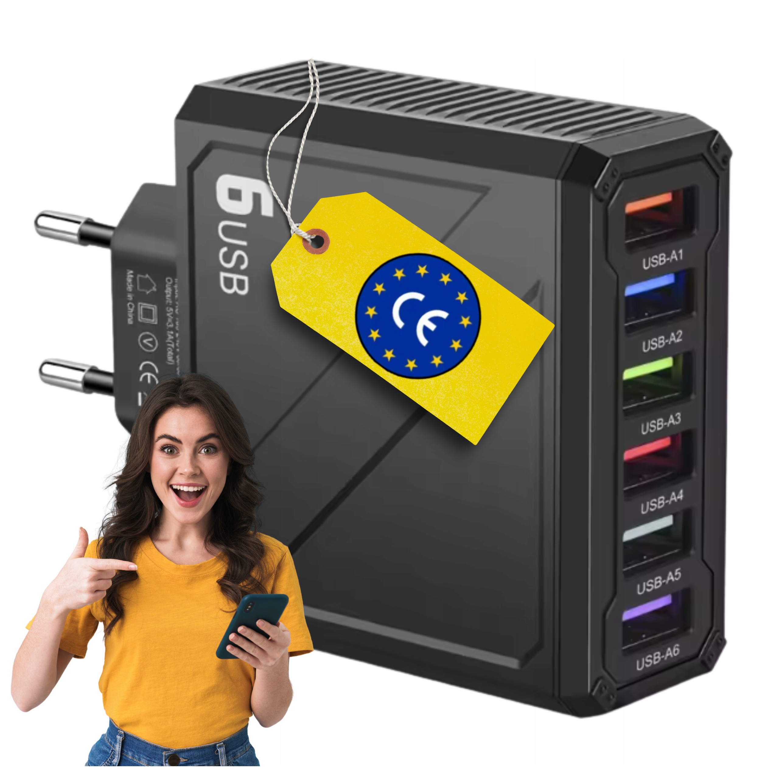 ŁADOWARKA USB SIECIOWA 6 PORTÓW SZYBKIE ŁADOWANIE SMART UNIWERSALNA CZARNA