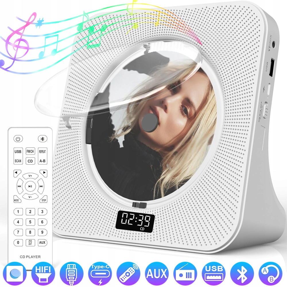 Radio Aux Usb Fm Bílý MP3 Přehrávač Přenosný CD Reproduktor Bluetooth