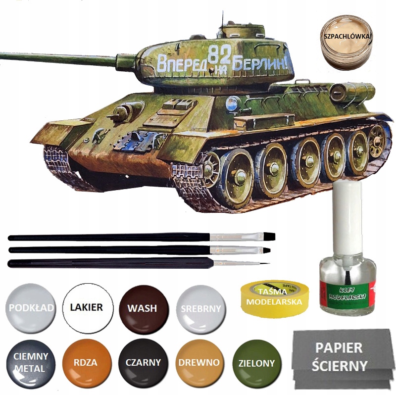 Model T-34/85 radzieckiego czołgu skala 1:72 Zestaw: klej, farby, lakier...