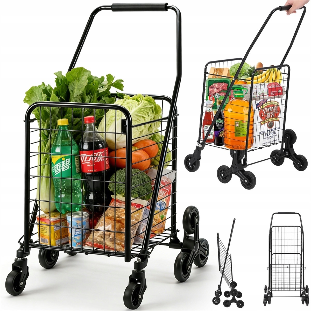 57L Černý skládací vozík se 4 koly a ergonomickou rukojetí pro obchod