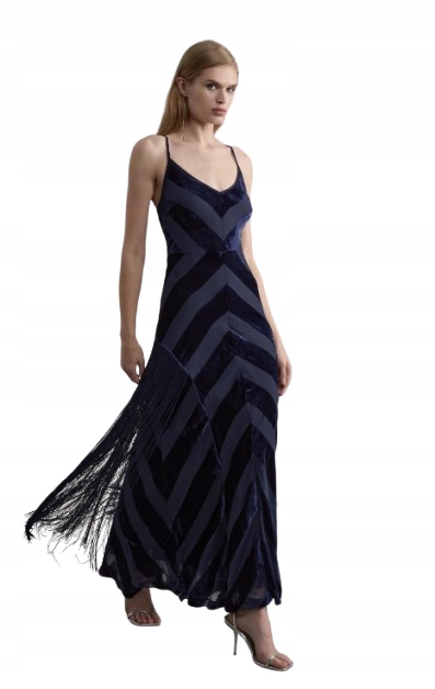 Karen Millen Tmavě Modrá Šaty MIDI S Ramínky Z Veluru 38 B1F