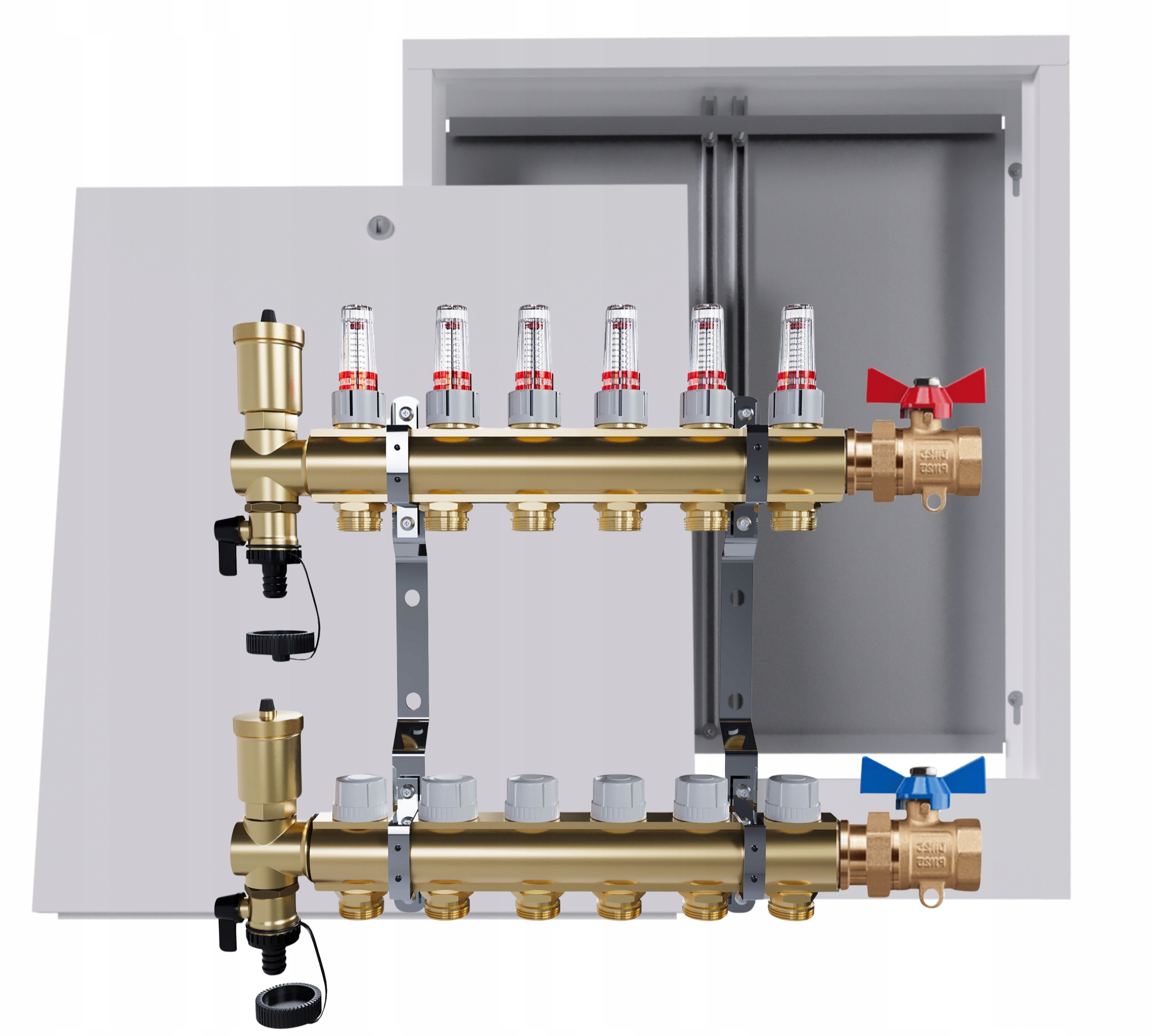 Rozdělovač podlahových krytin mosazný 6 okruhů nástěnná skříňka jednoduchý ventil