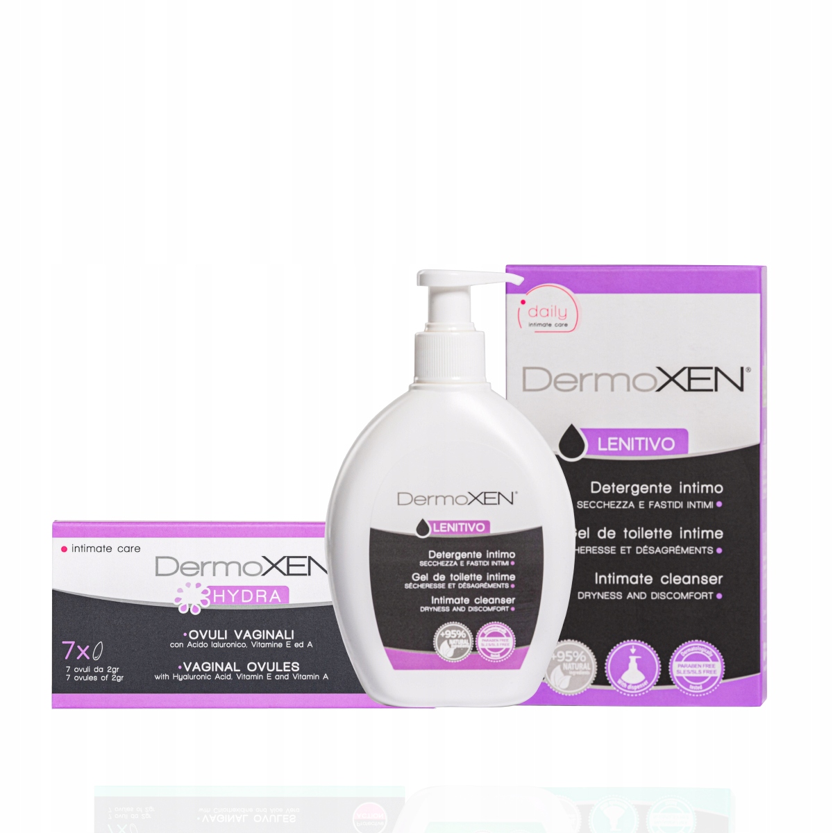 Sada pro intimní hygienu: vaginální čípky, tekutina pro intimní hygienu