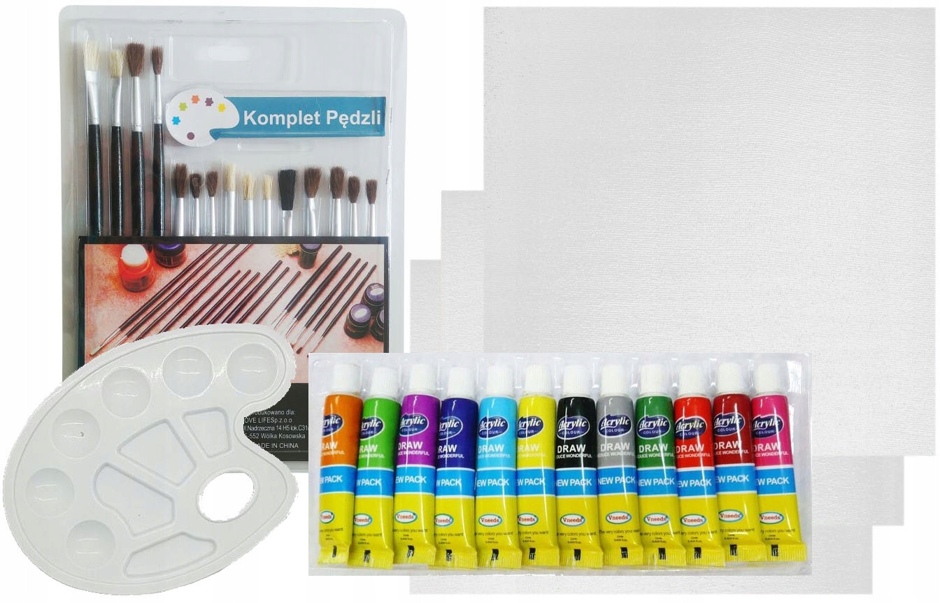 ZESTAW MALARSKI PĘDZLE FARBY 3x PODOBRAZIA PALETKA
