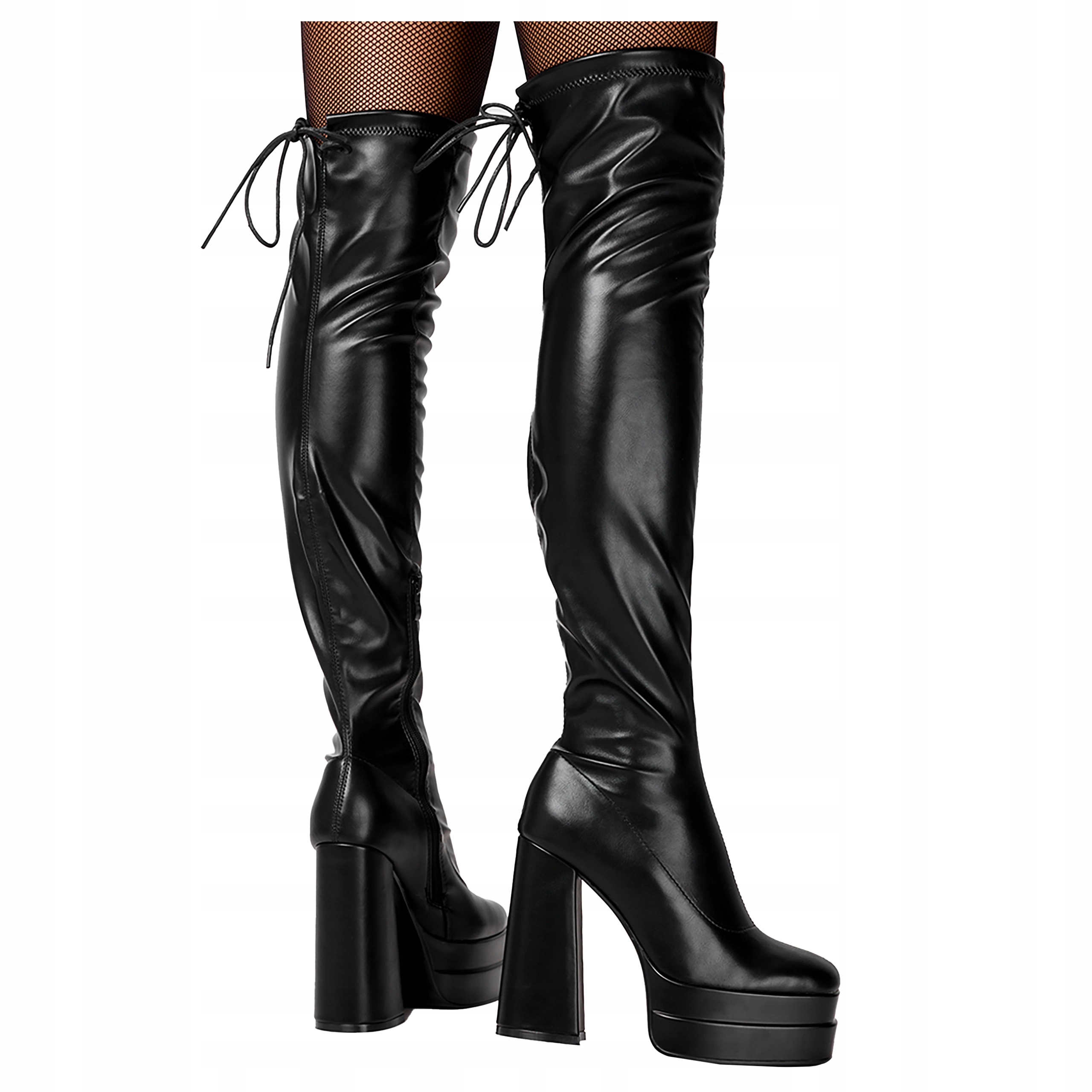 Černé dámské kozačky za koleno na platformě Vysoký podpatek Klocek r 41