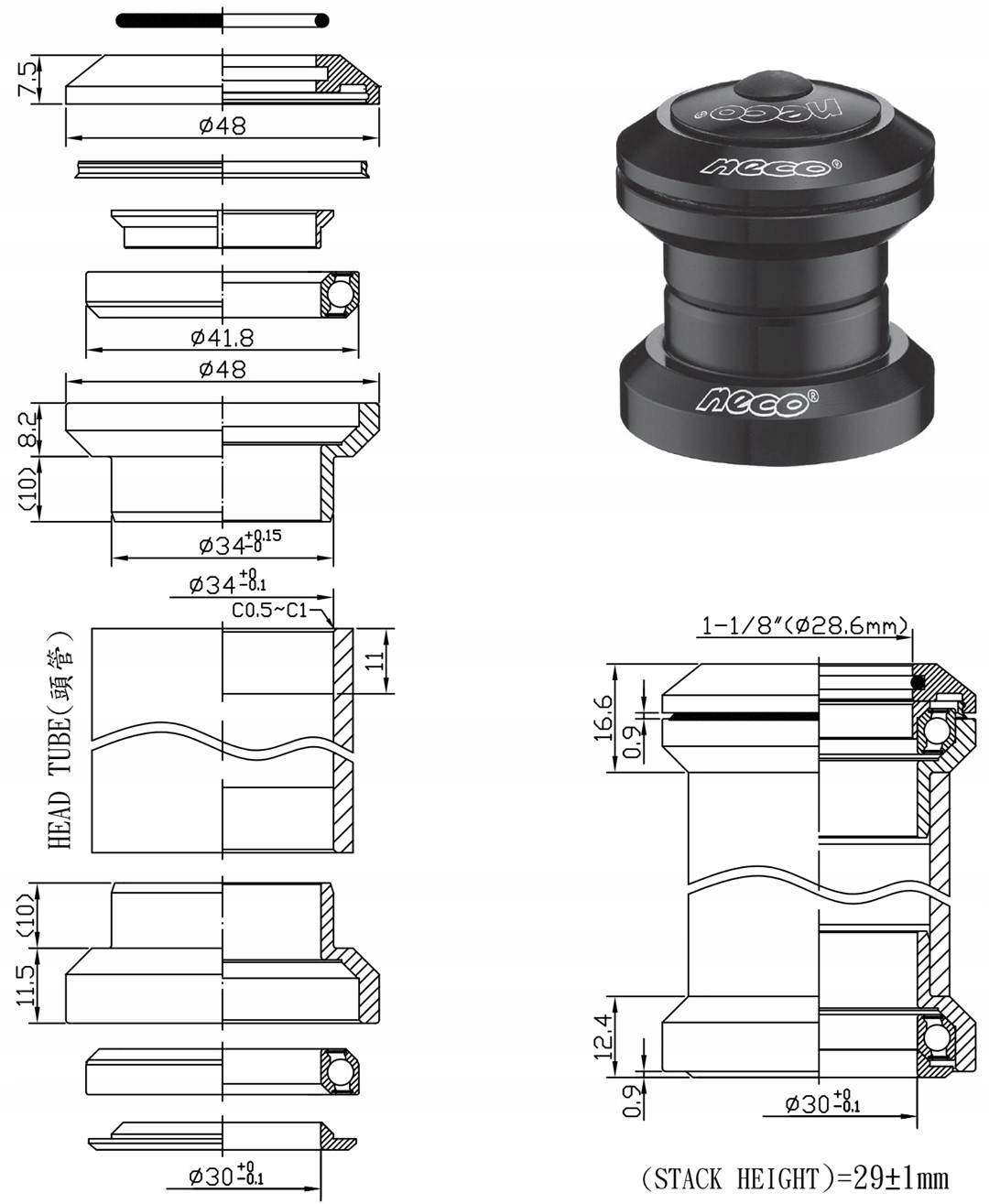 Komplet Steru Neco H773 Bk Alu 1-1/8" CZARNY,ALU.,7 Częściowy 1-1/8"X34X30