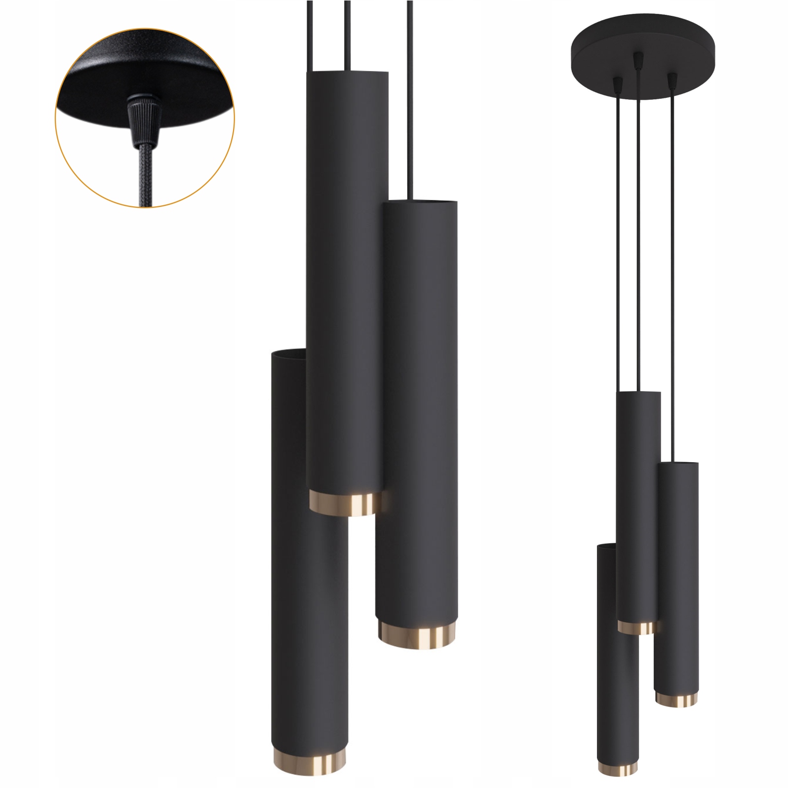 Závesná Led Stropná Lampa Tuba okrúhla základňa Rúrka Zwis čierno-zlatá