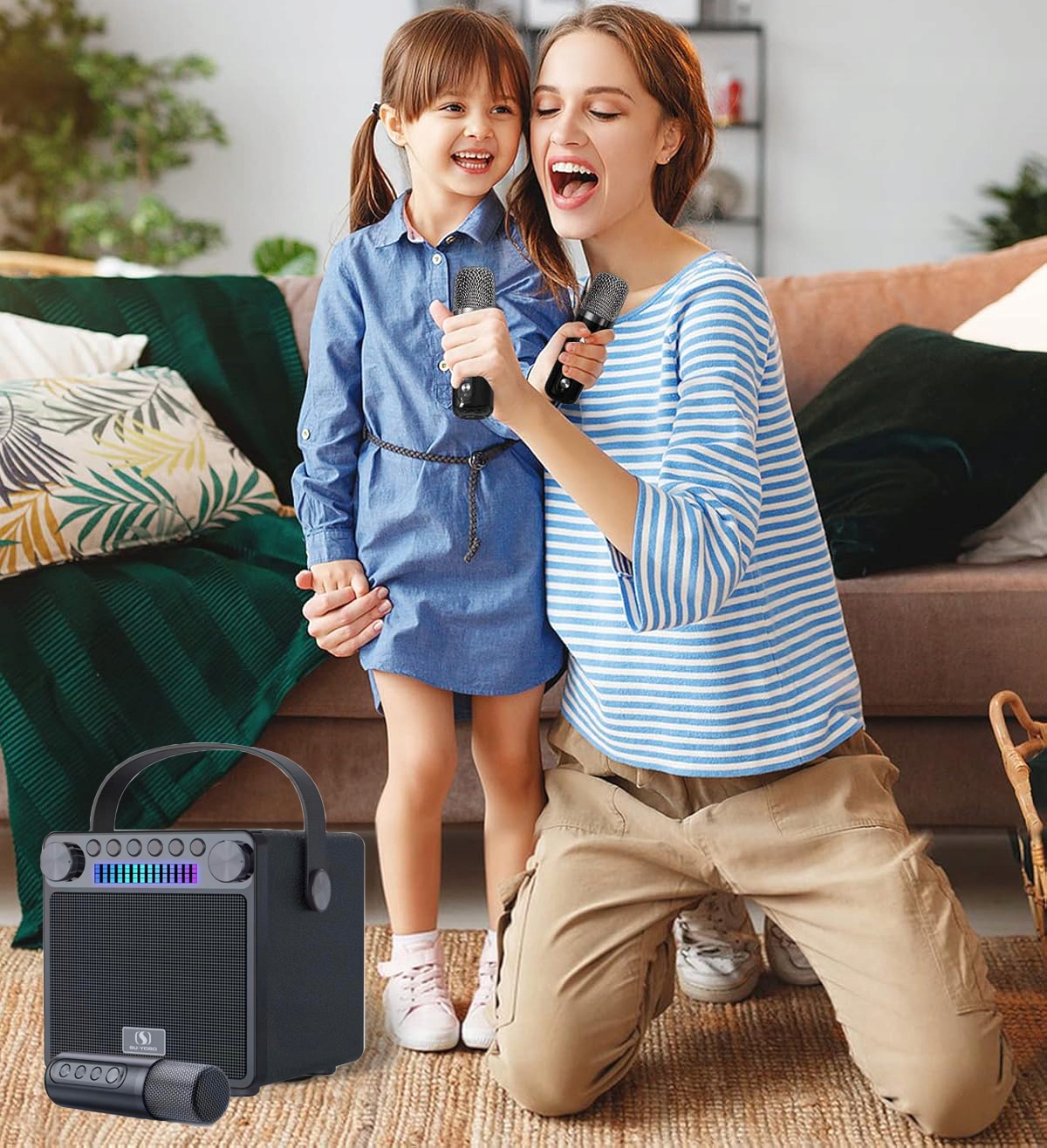 MASZYNA GŁOŚNIK KARAOKE Z 2 MIKROFONY BEZPRZEWODOWE BLUETOOTH KOLOROWA LED Wiek dziecka 6 lat +