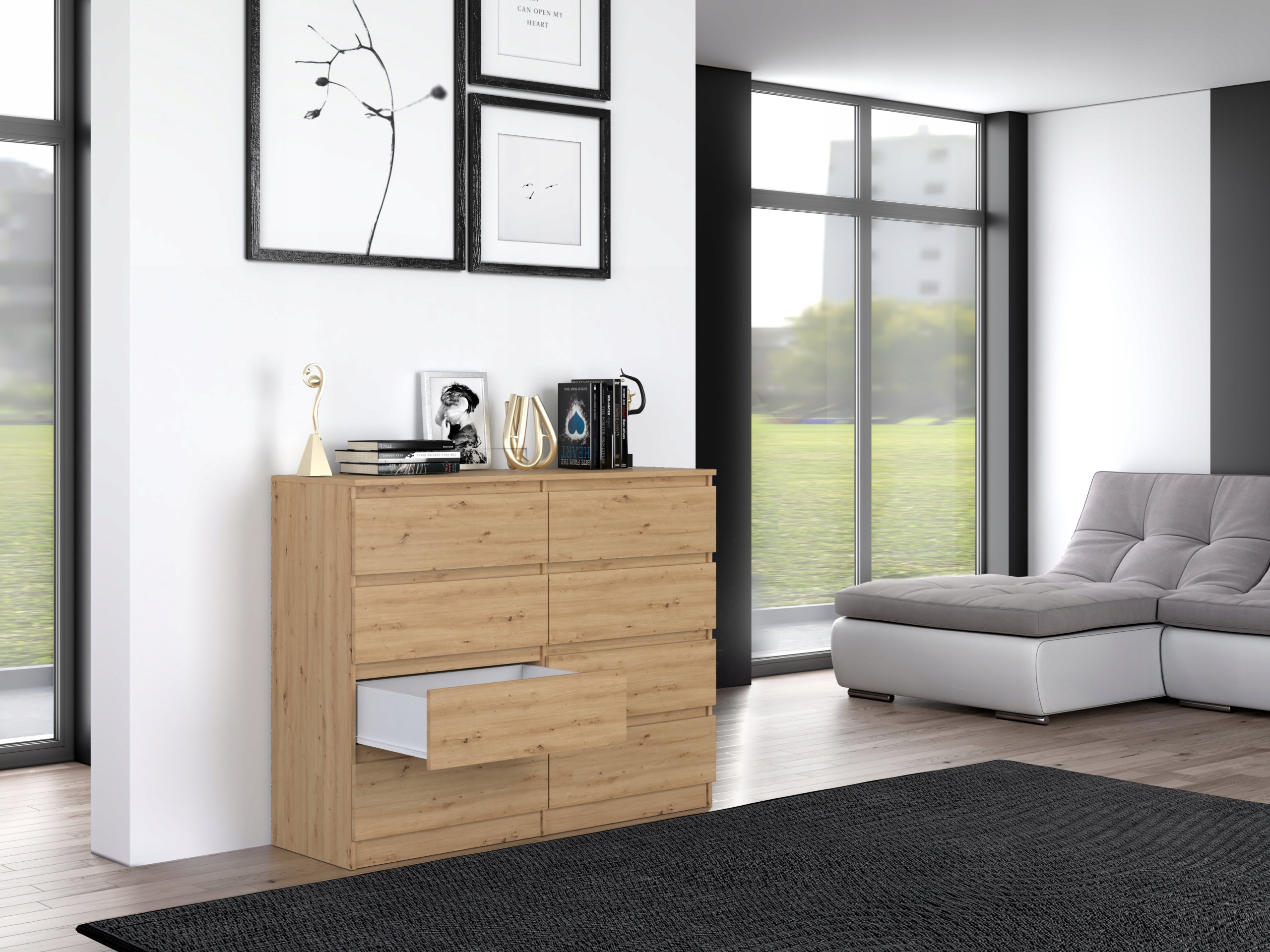 DUŻA KOMODA MALWA M8 120CM DĄB ARTISAN 8 SZUFLAD Wysokość mebla 97 cm