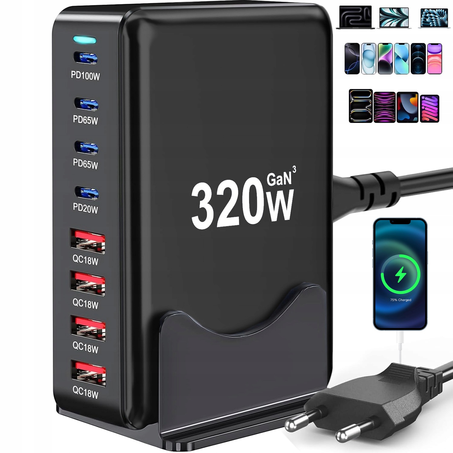 Rychlá Síťová Nabíječka 320W Univerzální 4X Usb C Usb A Pc Qc Kostka