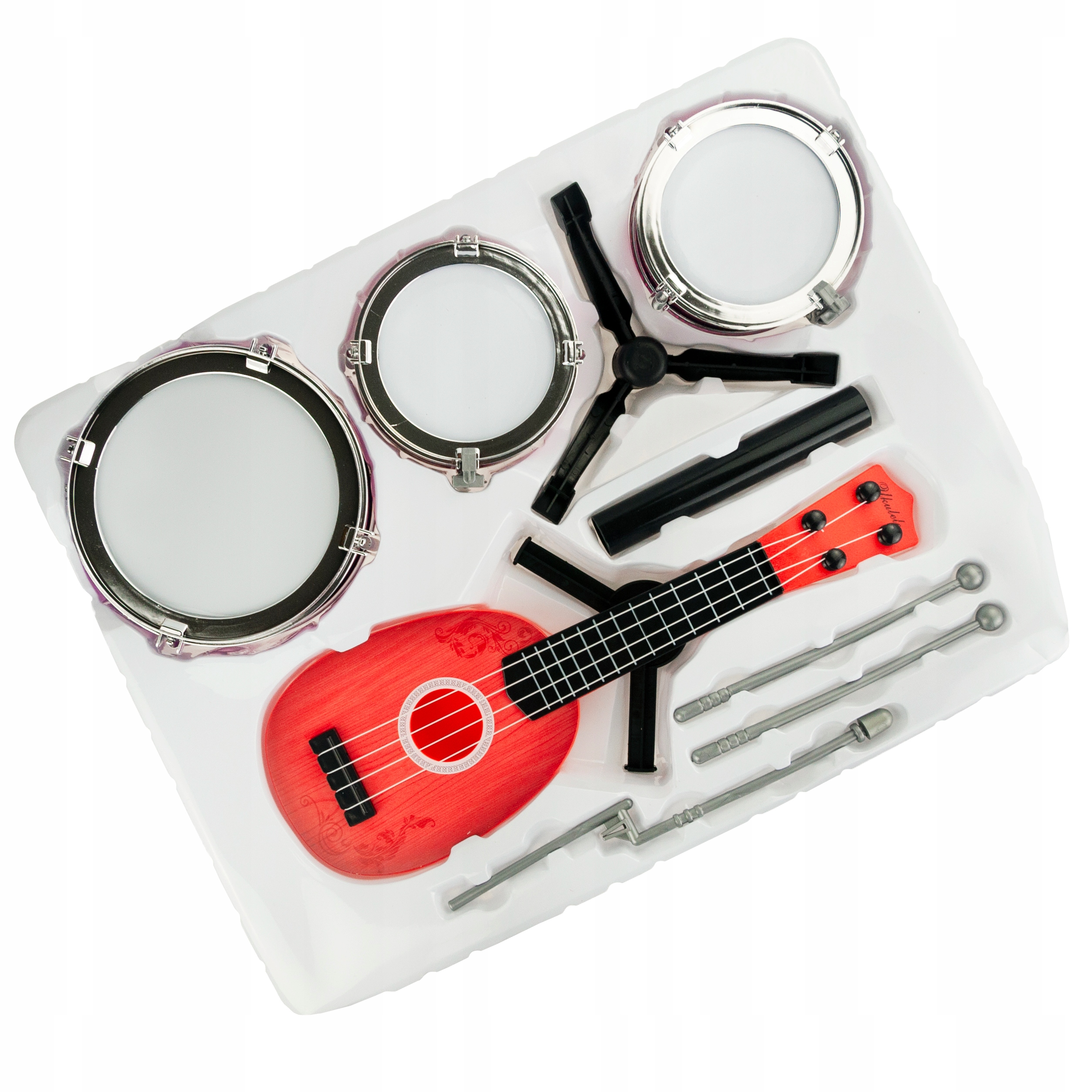 PERKUSJA + GITARA ZESTAW MUZYCZNY UKULELE BĘBNÓW TALERZ PAŁECZKI DLA DZIECI Marka Martom