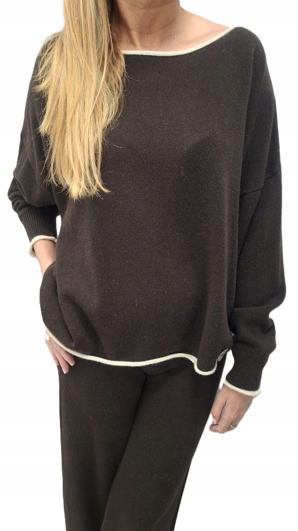 Cocomore Yarn Svetr kalhoty Komplet Kašmírová vlna Tmavě hnědá Ecru