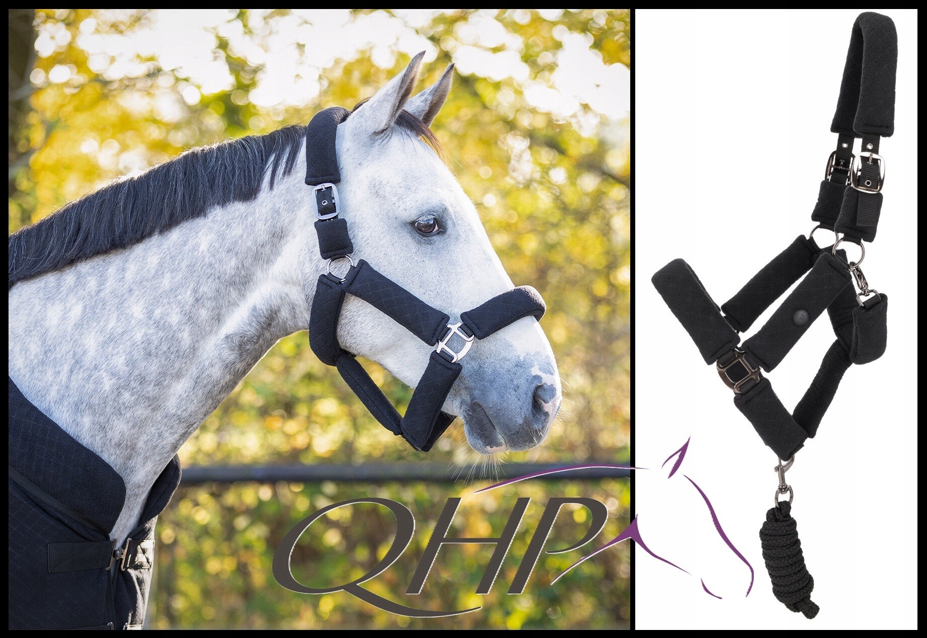 Kantar z uwiązem zestaw Zahra Qhp miekko podszyty czarny Pony