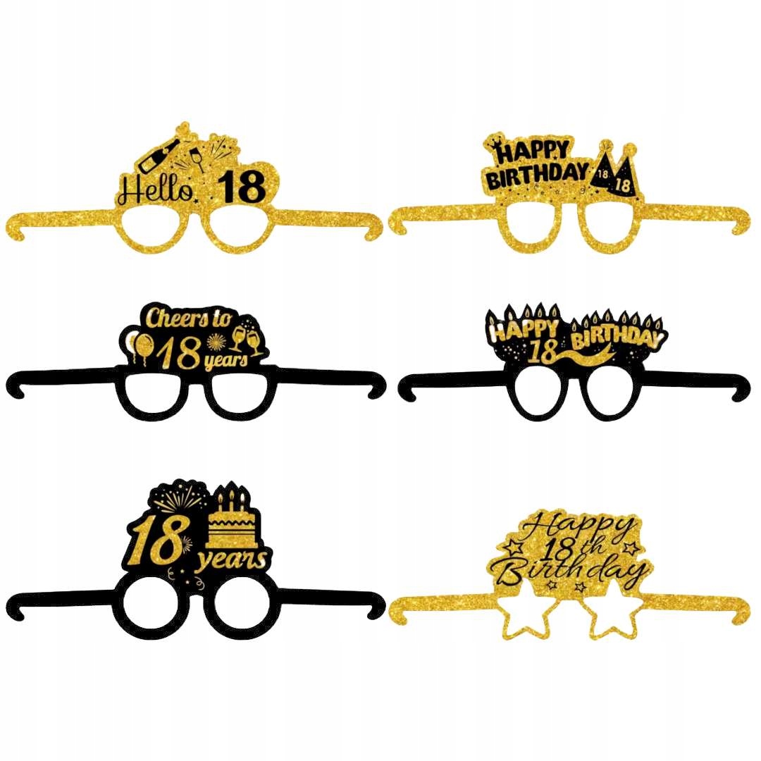 FOTOGADŻETY okulary papierowe 18 URODZINY osiemnastka ZESTAW czarno złoty