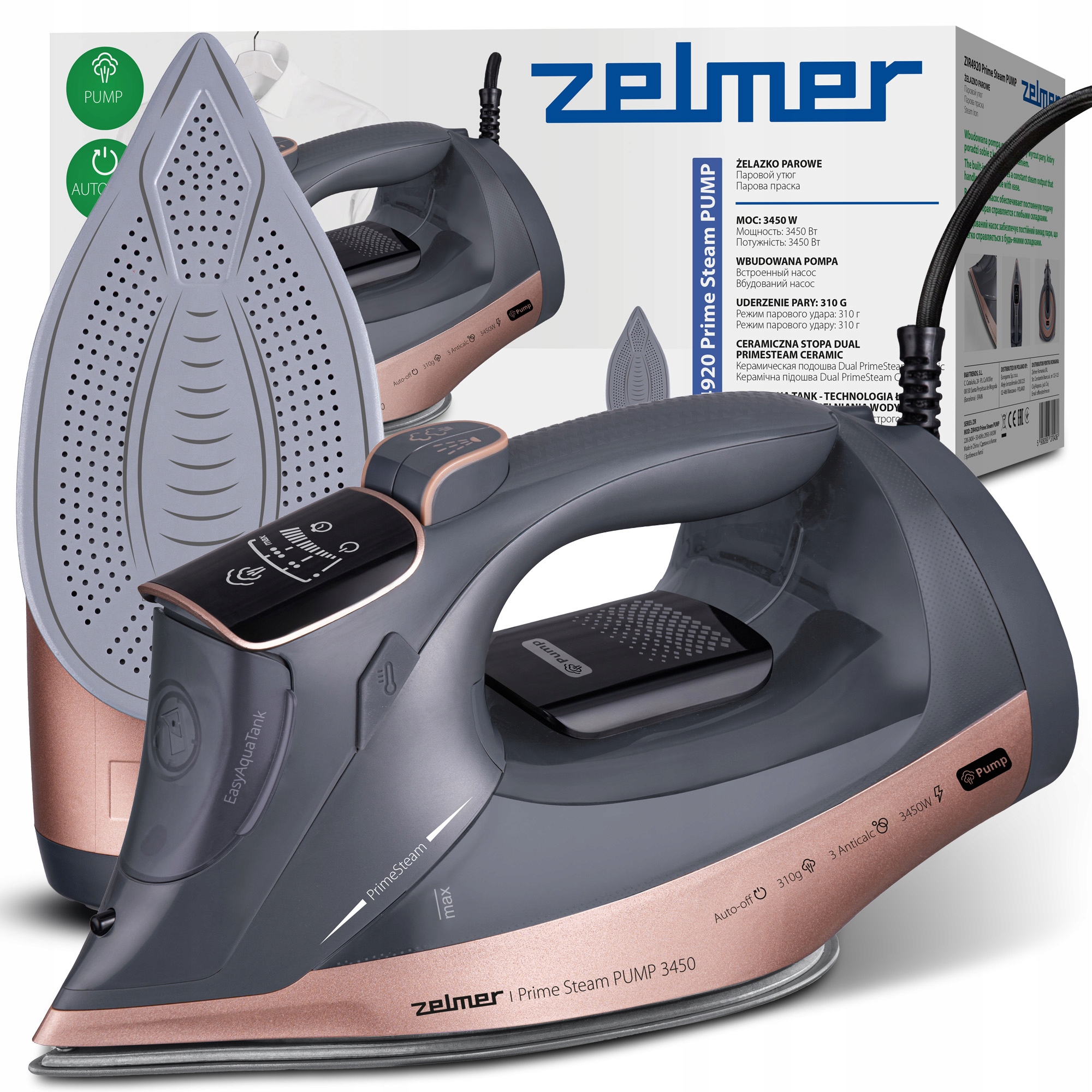 Żelazko Parowe Zelmer Ceramiczne Mocne Anticalc 310G/MIN Auto-off 3450W