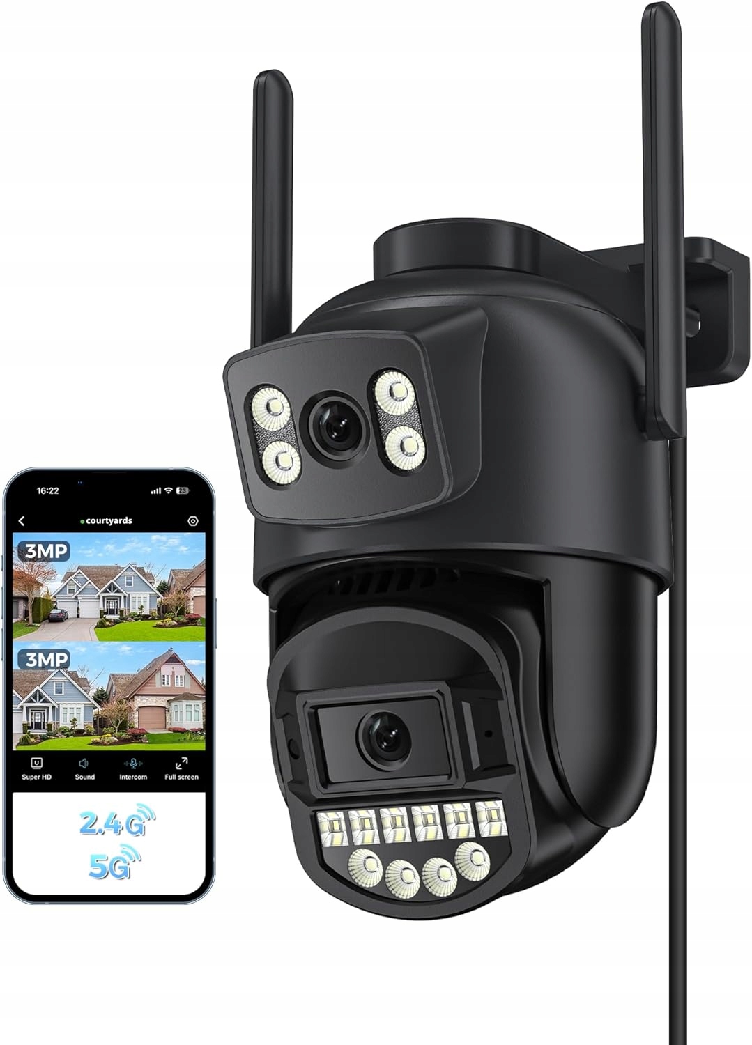 Kamera Zewnętrzna WiFi 2.5K Obrotowa 360 Ptz Zoom Podwójny Obiektyw 6MP