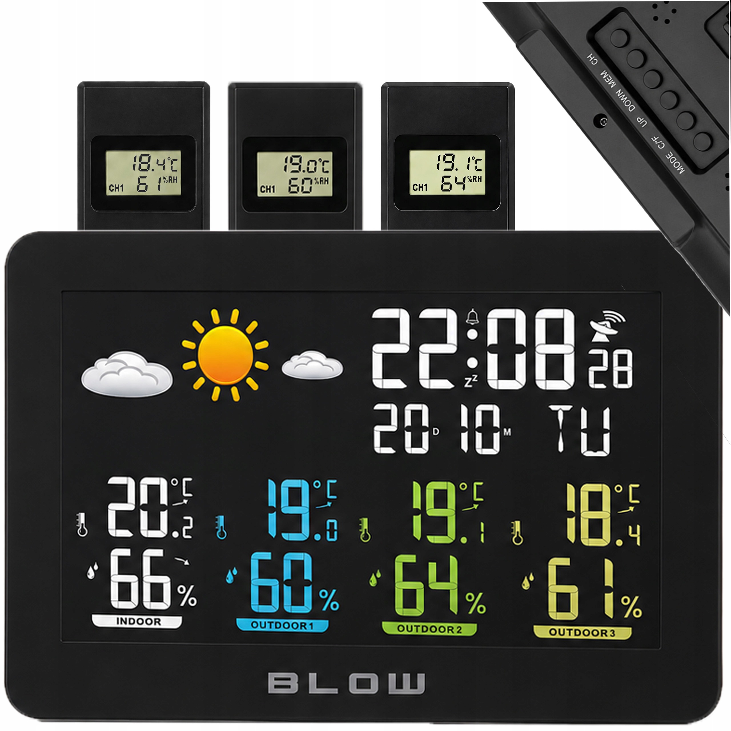 Bezdrátová Meteorologická Stanice Teploměr Vlhkoměr Barometr 3 Senzory Hodiny