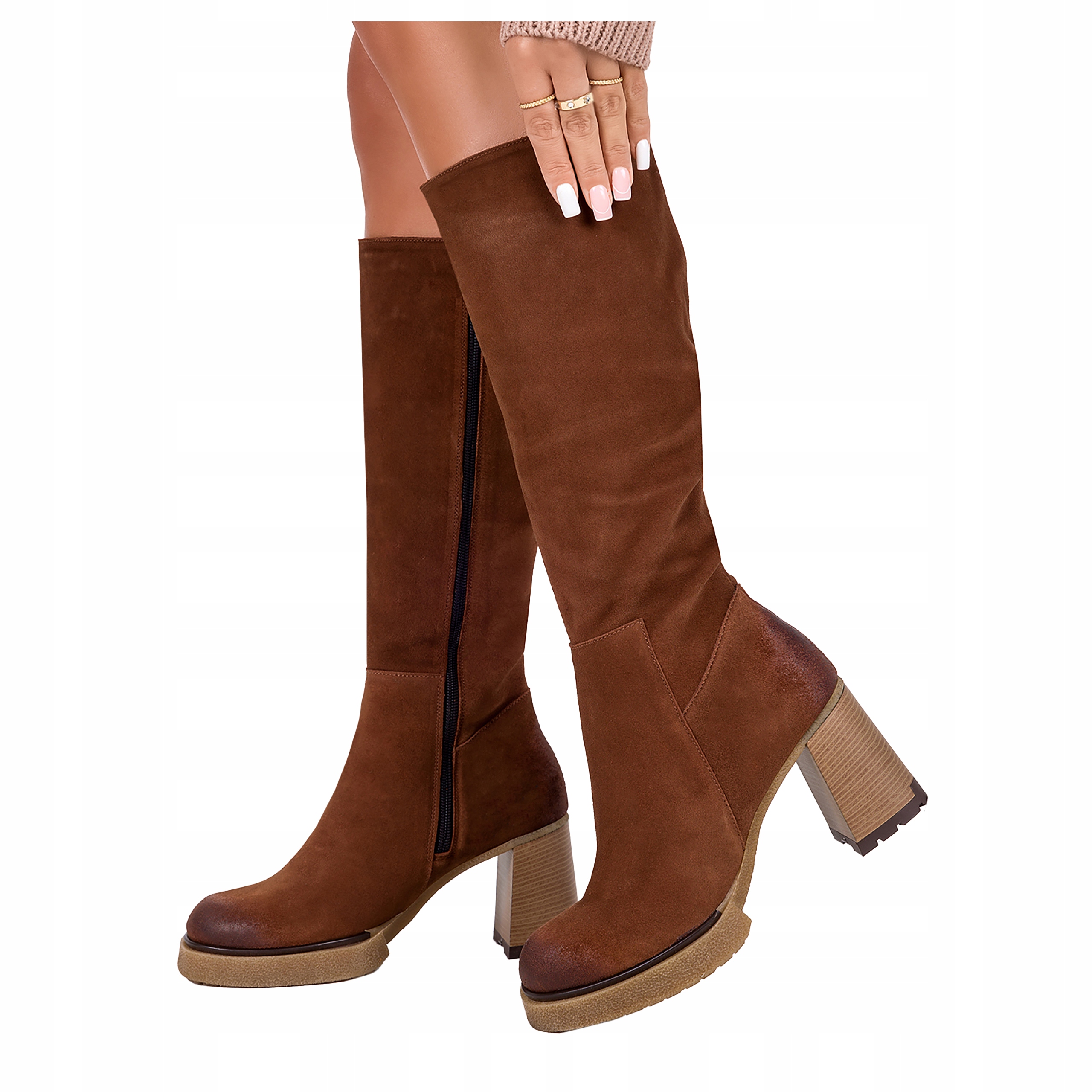 Dámské Kožené Kaštanové Kozačky Na Stabilním Podpatku Módní New 39