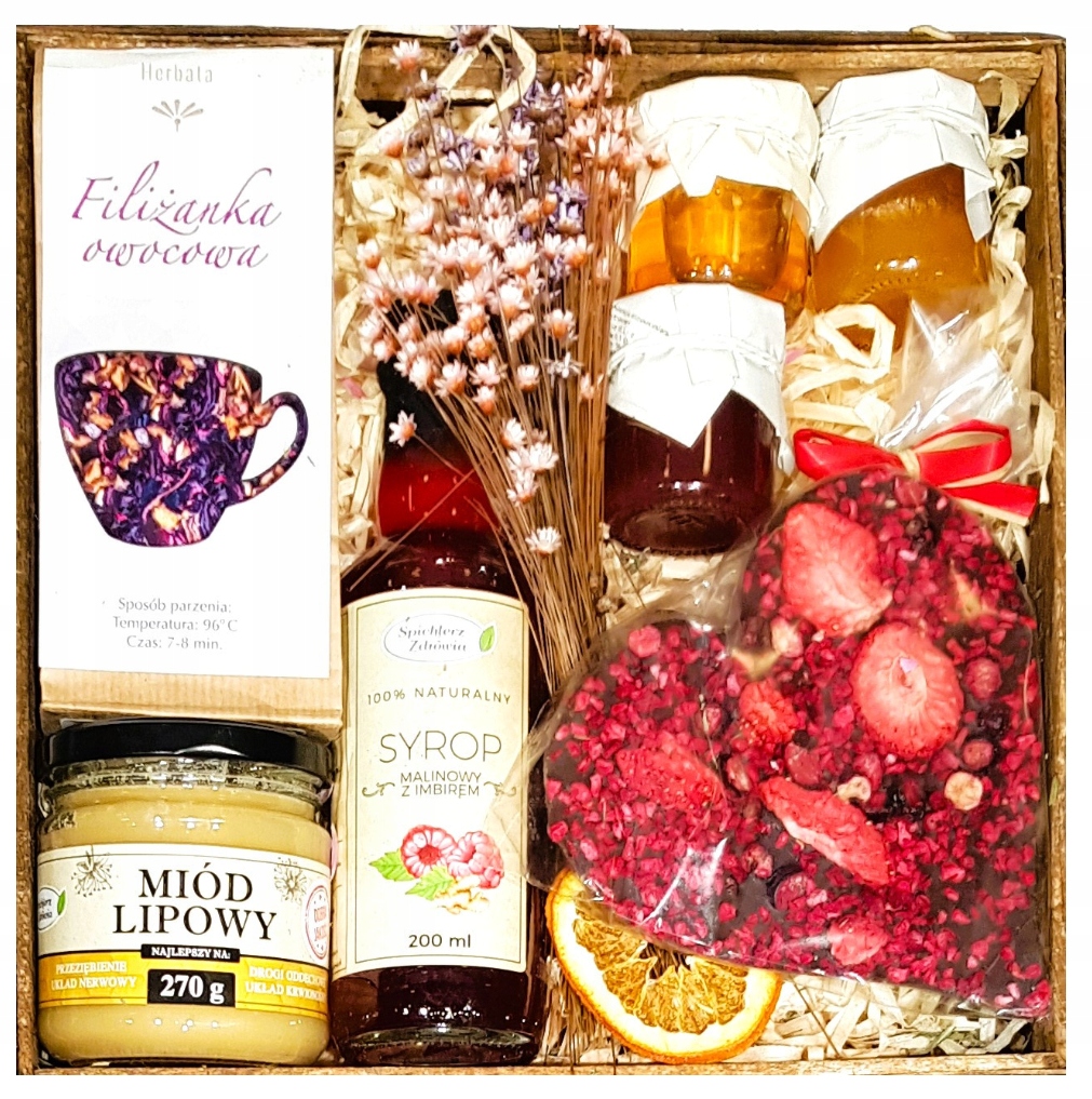 Levně Dárkový Koš Box Dárek Čaj Sirup Med Květy Čokoláda Konfiturky