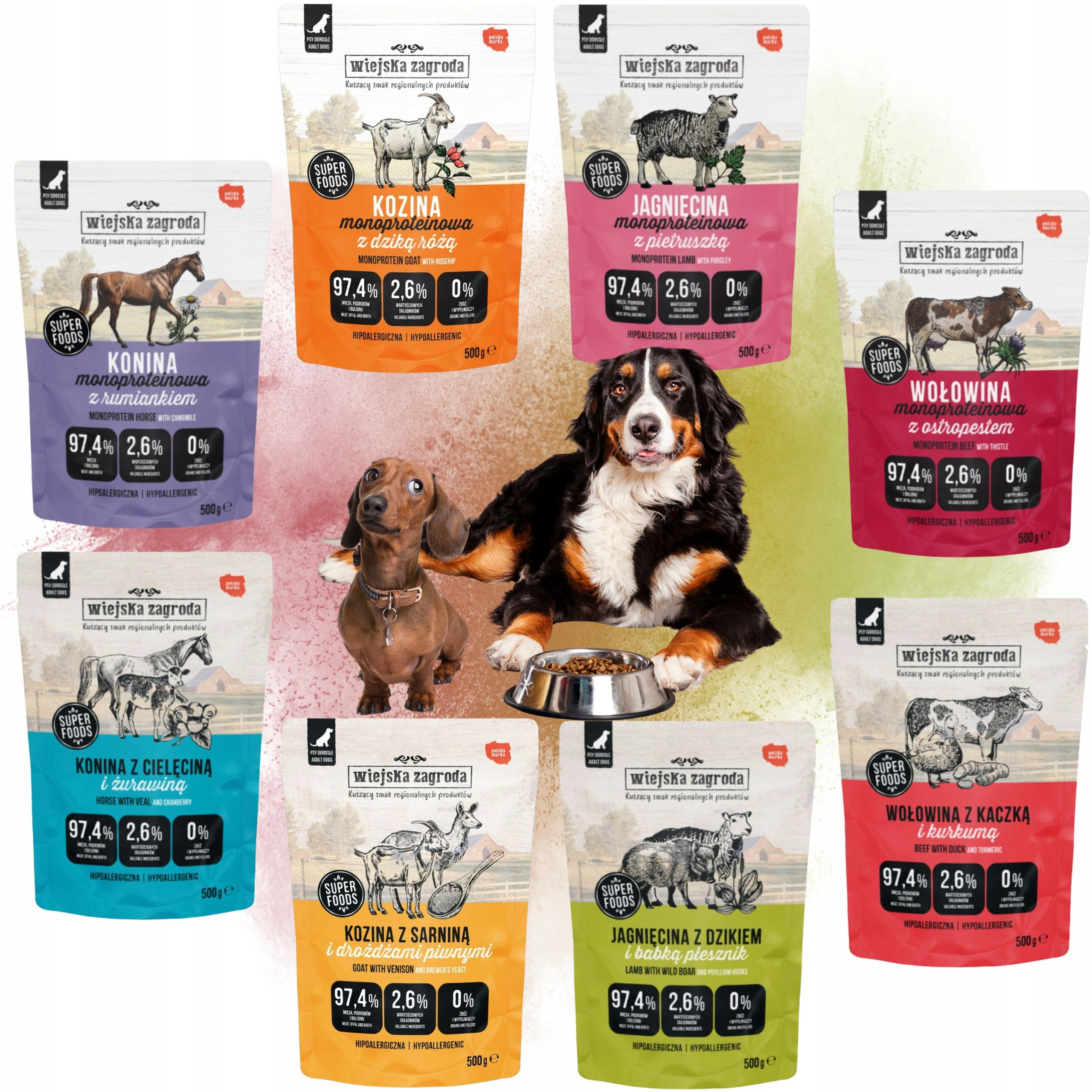 Levně Wiejska Zagroda Vlhké Vlhké Krmivo Pro Psy S Koněmi A MIX Chutí 500 g Hypoalergenní