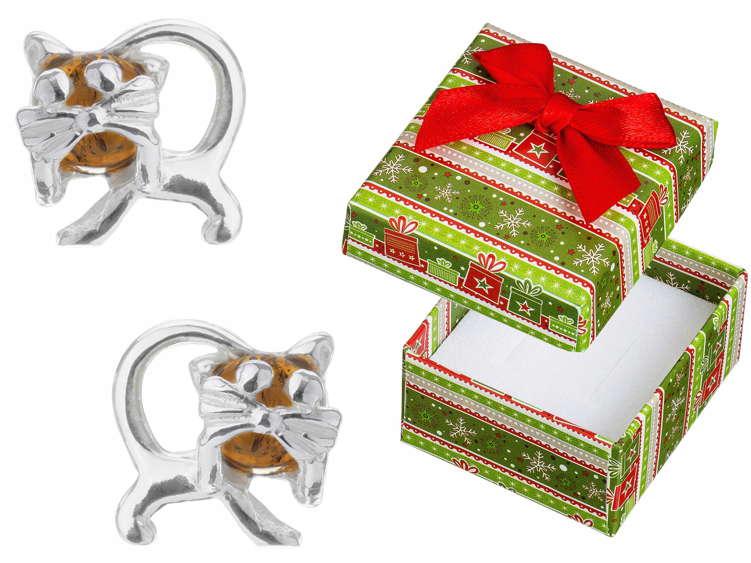 Stříbrné Náušnice Kočičky s jantarem Dámské šroubky Kočky Stříbro 925 Tužky