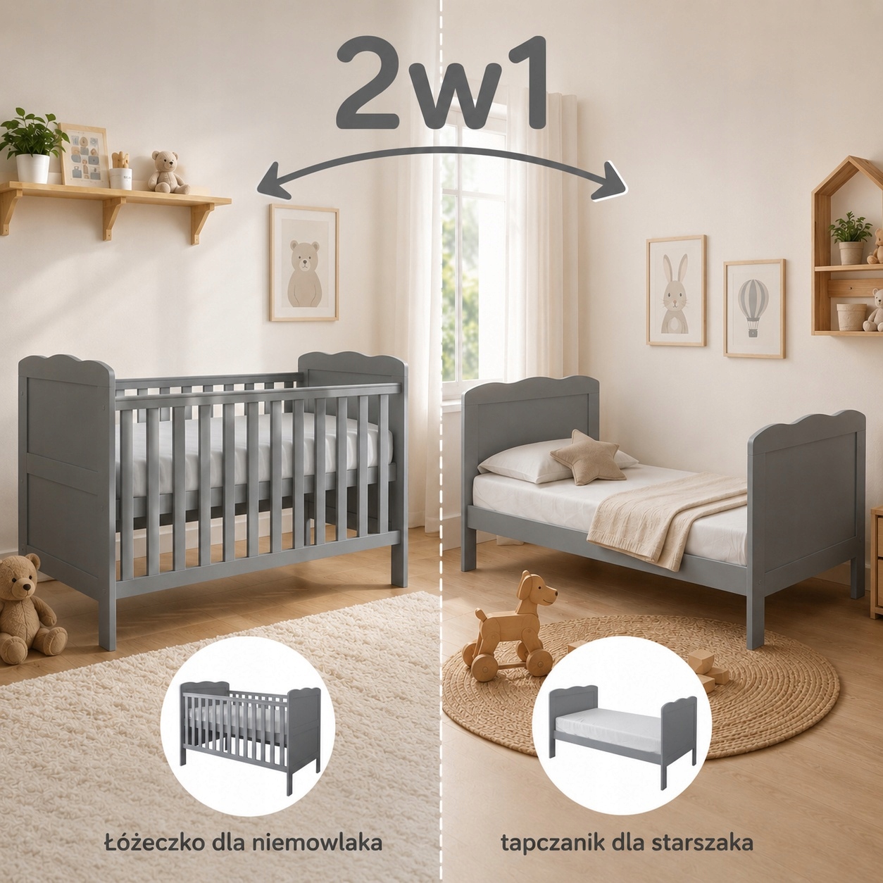 Łóżeczko Tapczanik Isabel 2w1 140x70 Szare