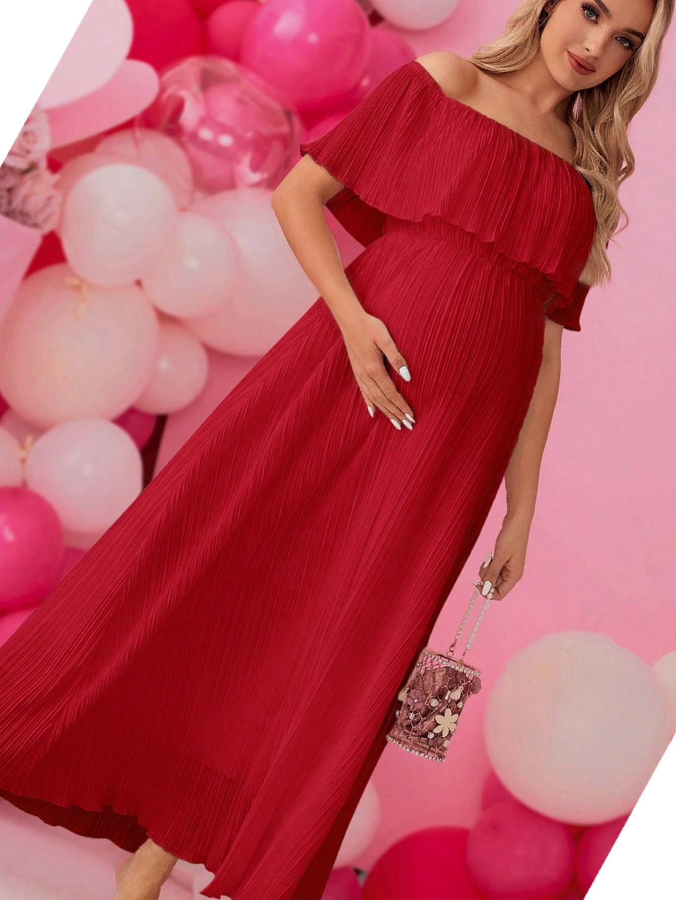 Šaty s odhalenými rameny, červená, plesová, těhotenská, plisovaná, velikost 36