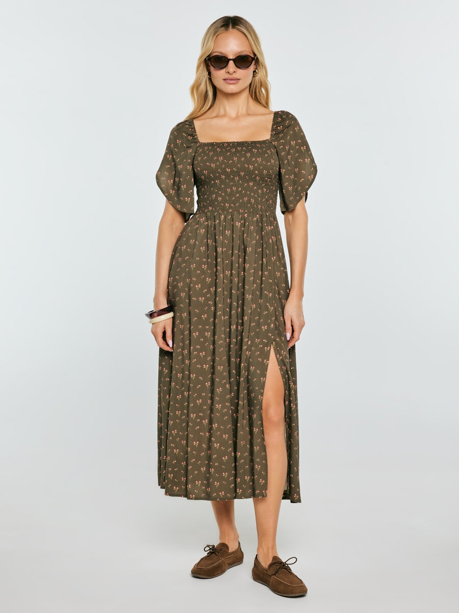 Big Star Sukienka damska midi z motywem kwiatowym khaki Bler 303 M
