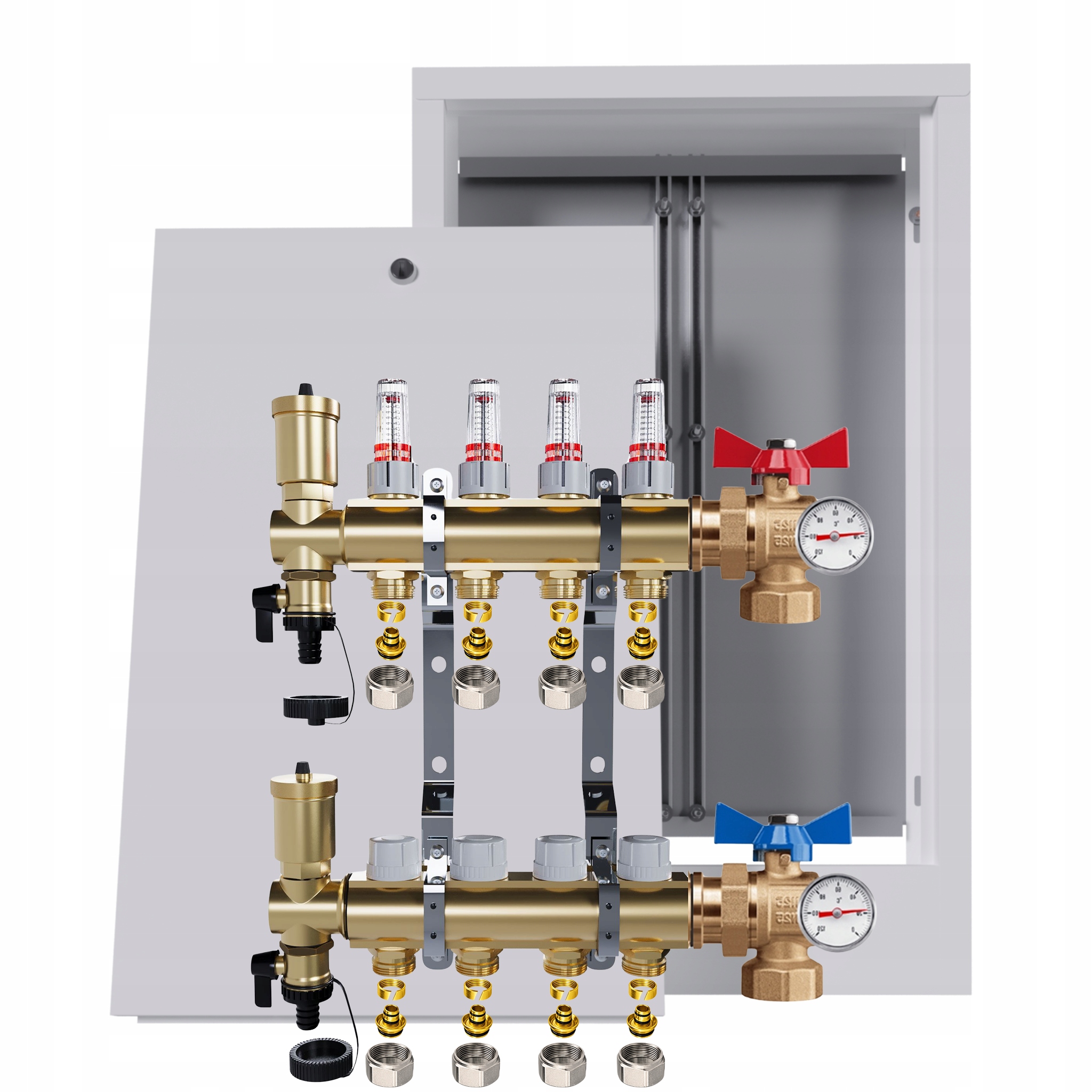 Rozdělovač Pro Podlahovou Krytinu 4 Okruhy Ventily Teploměr Krabička Pex