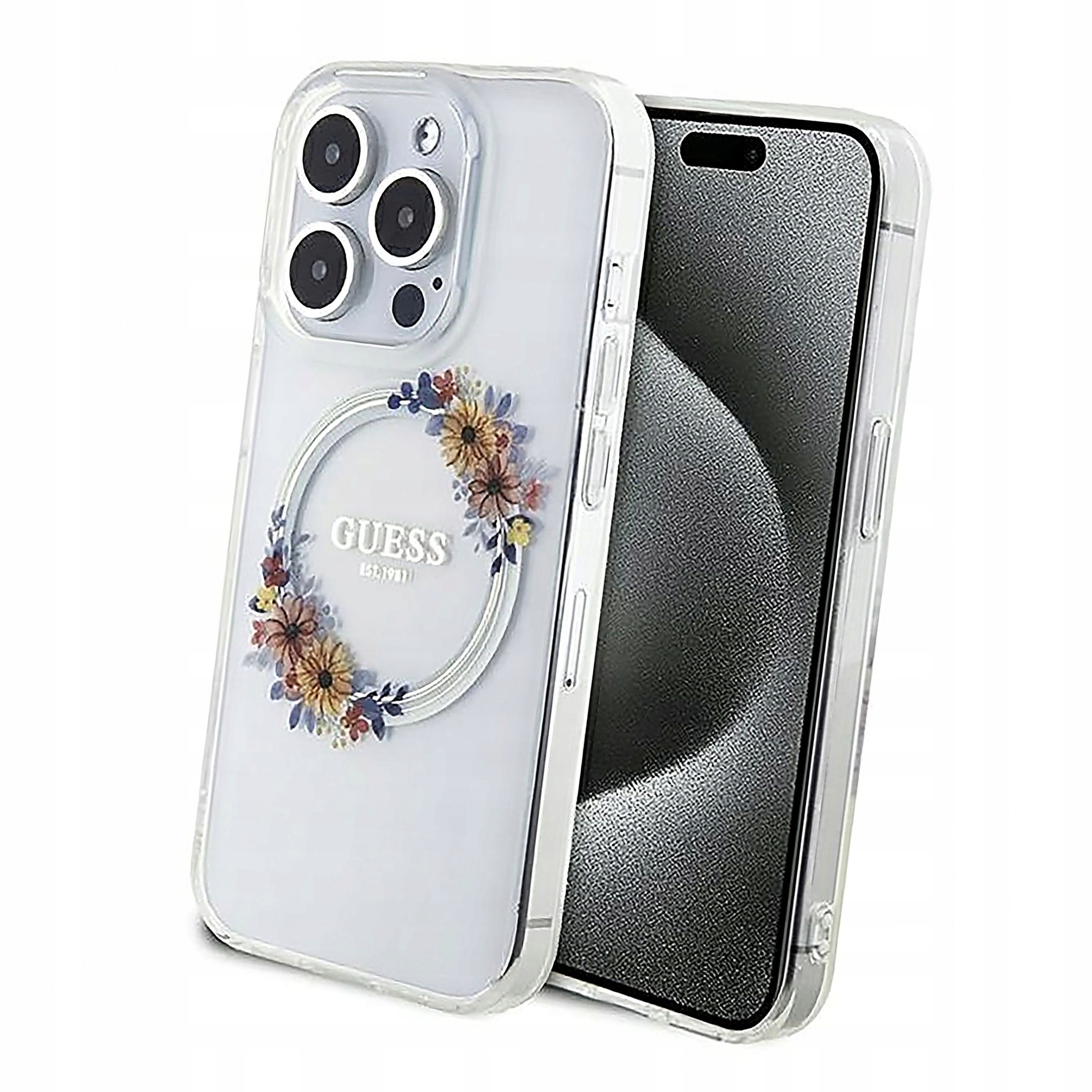 Plecki Etui Guess IML Flowers Wreatch MagSafe do iPhone 15 Pro Max