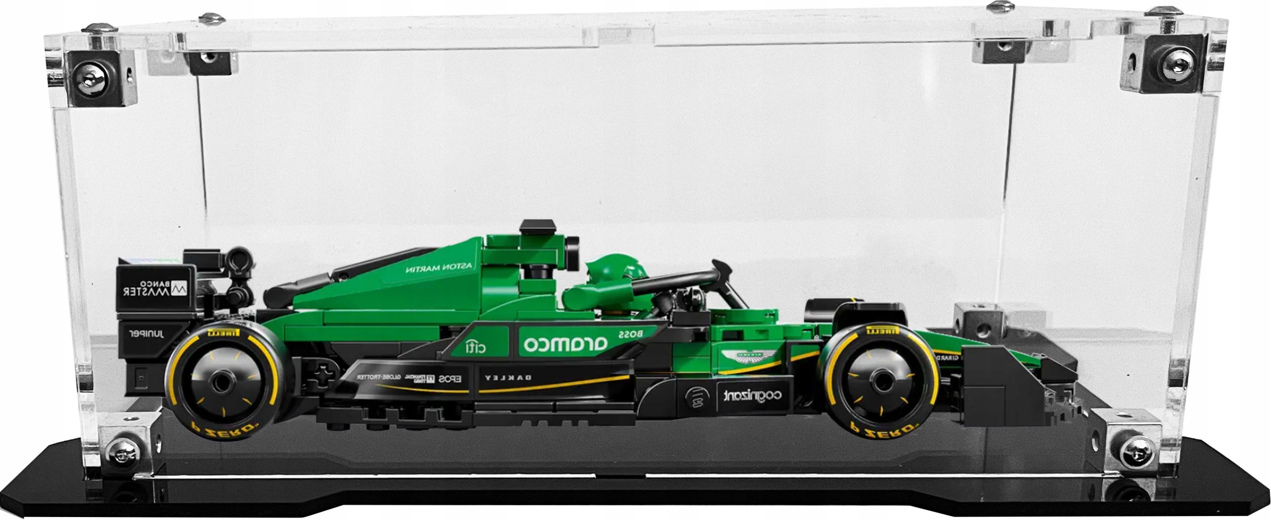 Vitrína s černou základnou pro stavebnici Lego 77245 Formule F1 Aston Martin