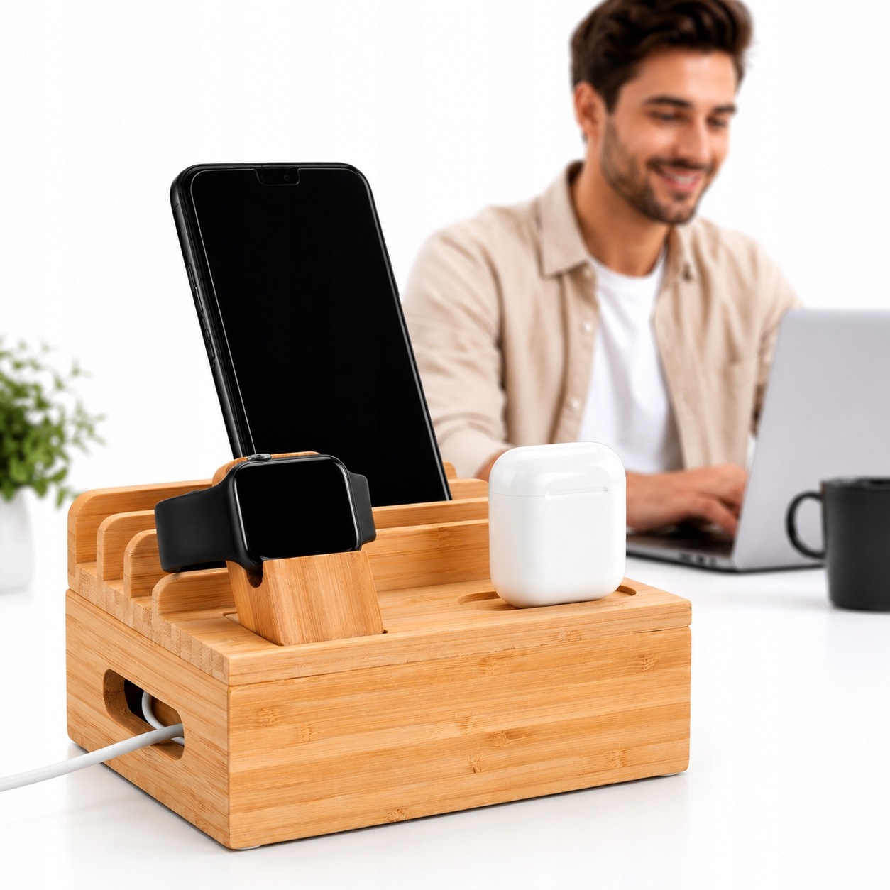 Stacja Dokująca Ładowania Bambusowa Organizer iPhone Telefon Watch Tablet