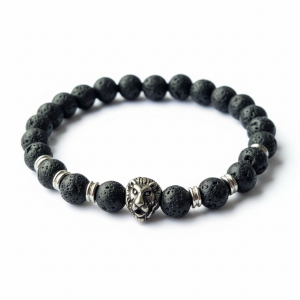 Sopečná Láva Tektit Náramek Stříbrný Lev Pro Bojovníka Dobrá Aura