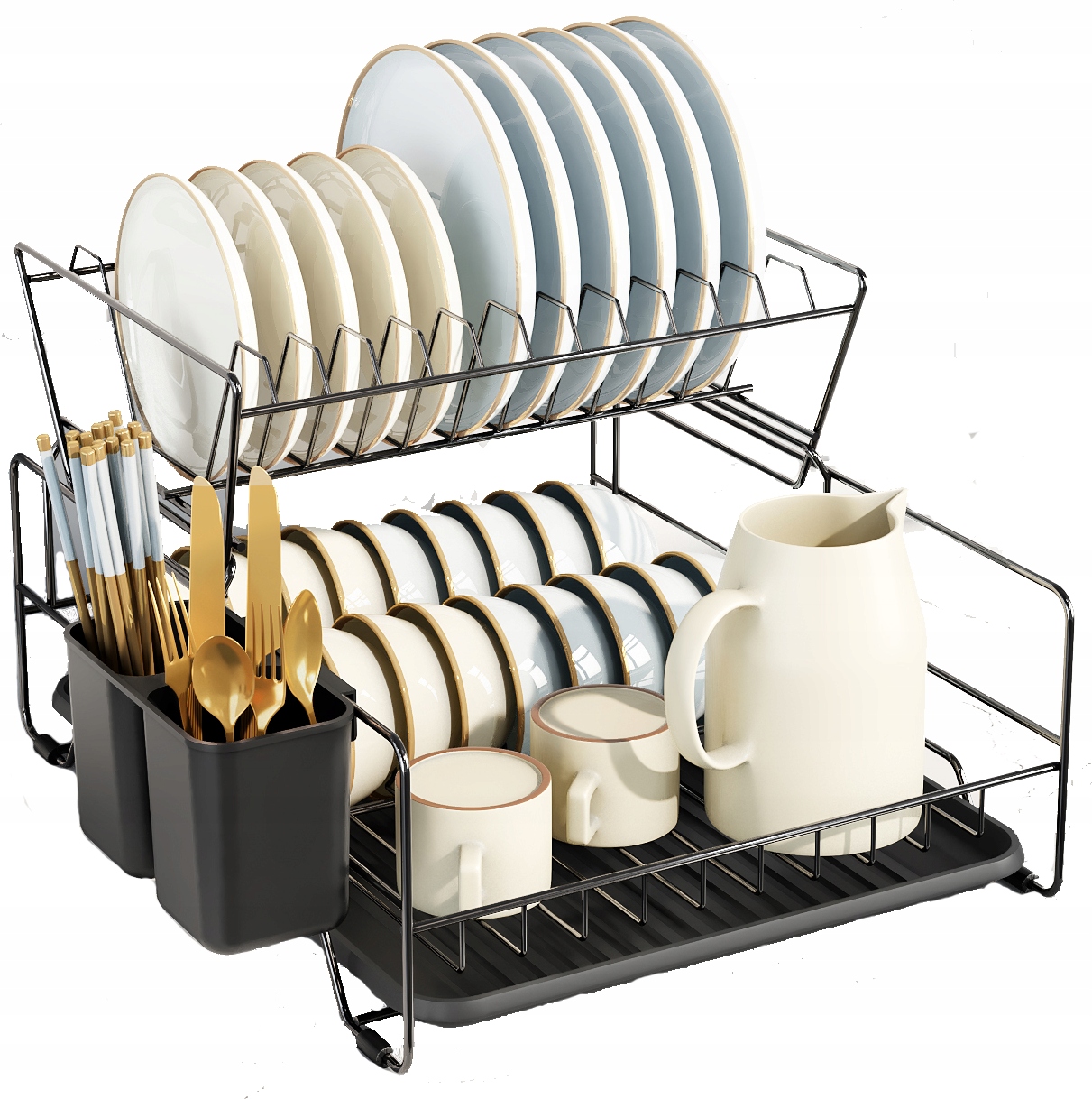 Dvouúrovňová Černá Odkapávač Na Nádobí Na Příbory A Nádobí Odkapávač S Podnosem