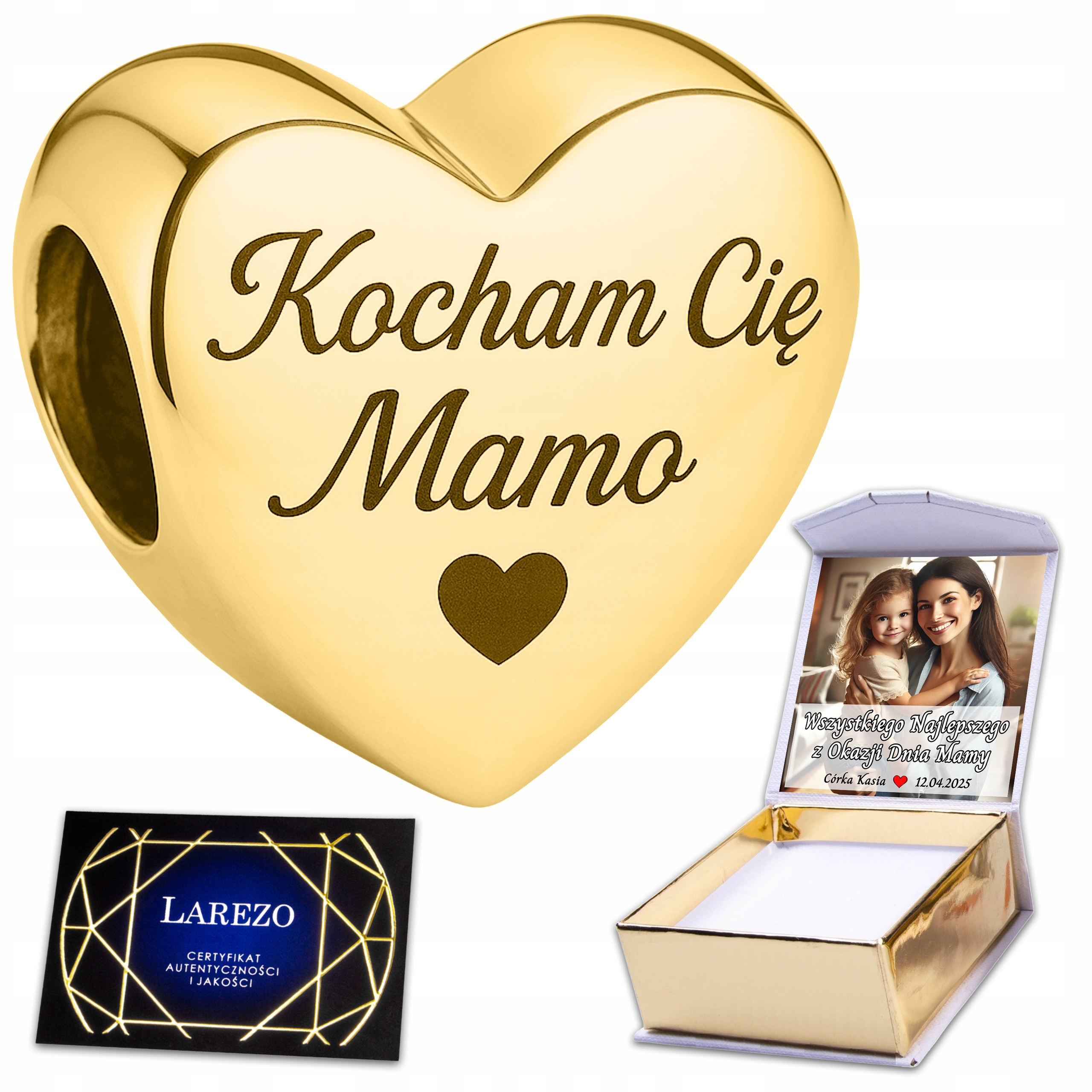 Zlatý Charms Srdce Gravírování 925 Srdíčko s gravírováním Miluji tě, mami, Potisk