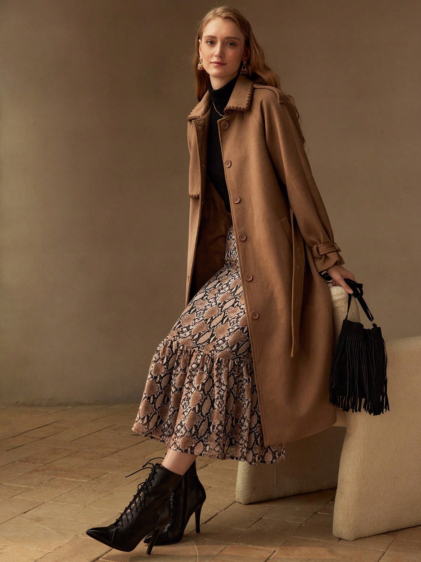 Dámský Vlněný MIDI Elegantní Kabát S Páskem, Hnědý, Prémiový Motf, Velikost 36