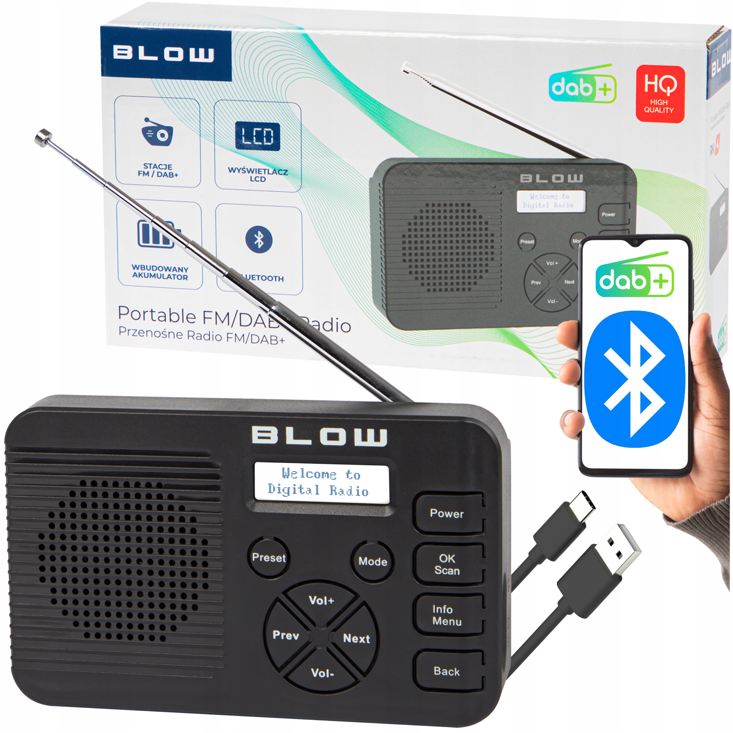 RADIO KUCHENNE BUDOWLANE PRZENOŚNE WYŚWIETLACZ BLUETOOTH DAB+ FM AUX USB-C