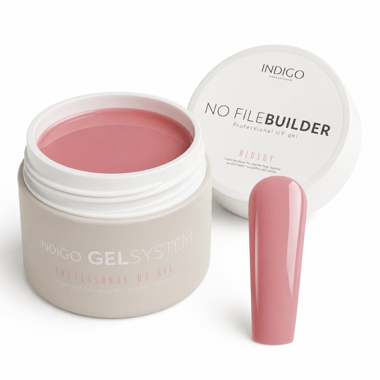 Indigo No File Builder Blushy 50 g stavební gel na prodlužování nehtů