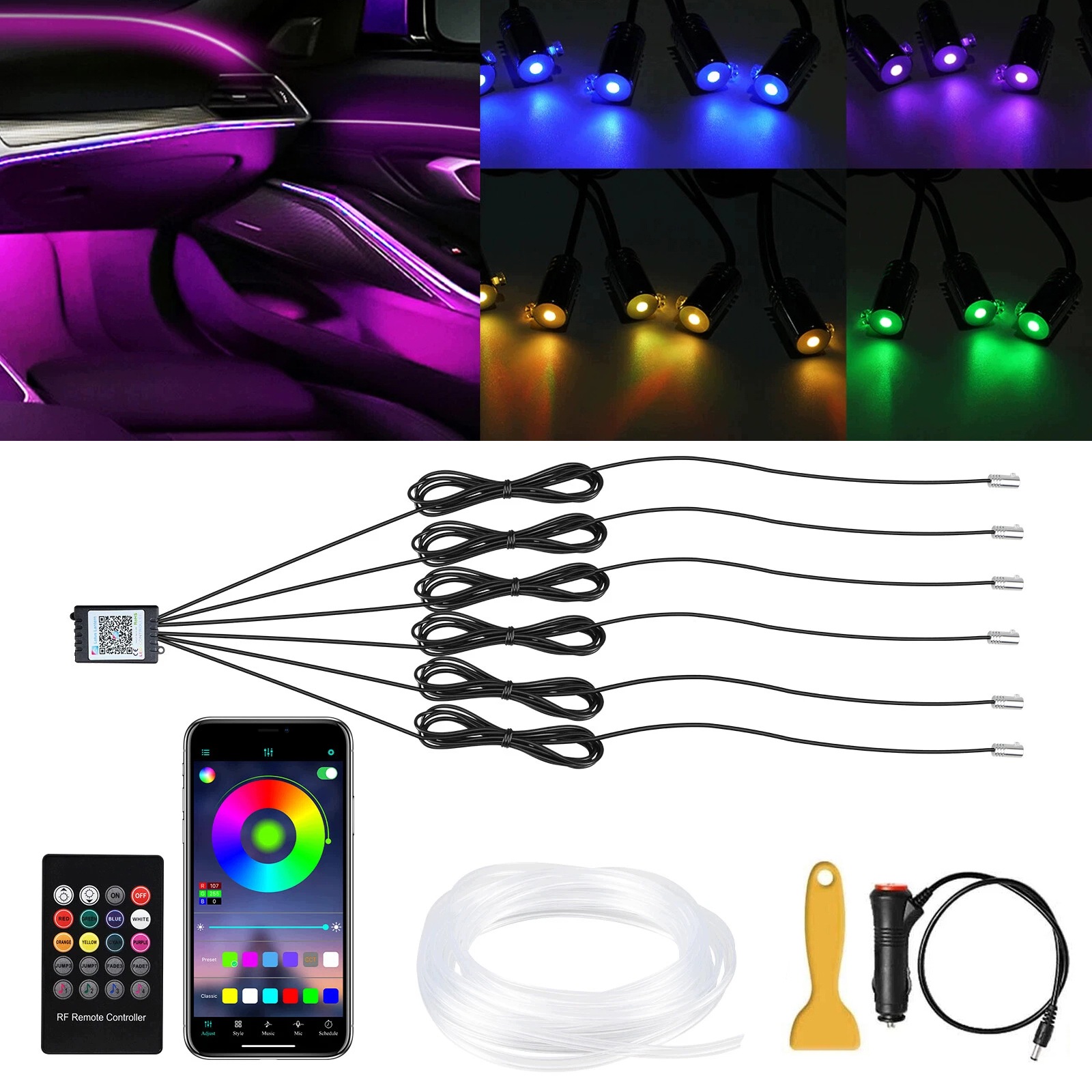 Světlovod Ambient Light Rgb Osvětlení Interiéru Auta 8 M 6V1 Aplikace