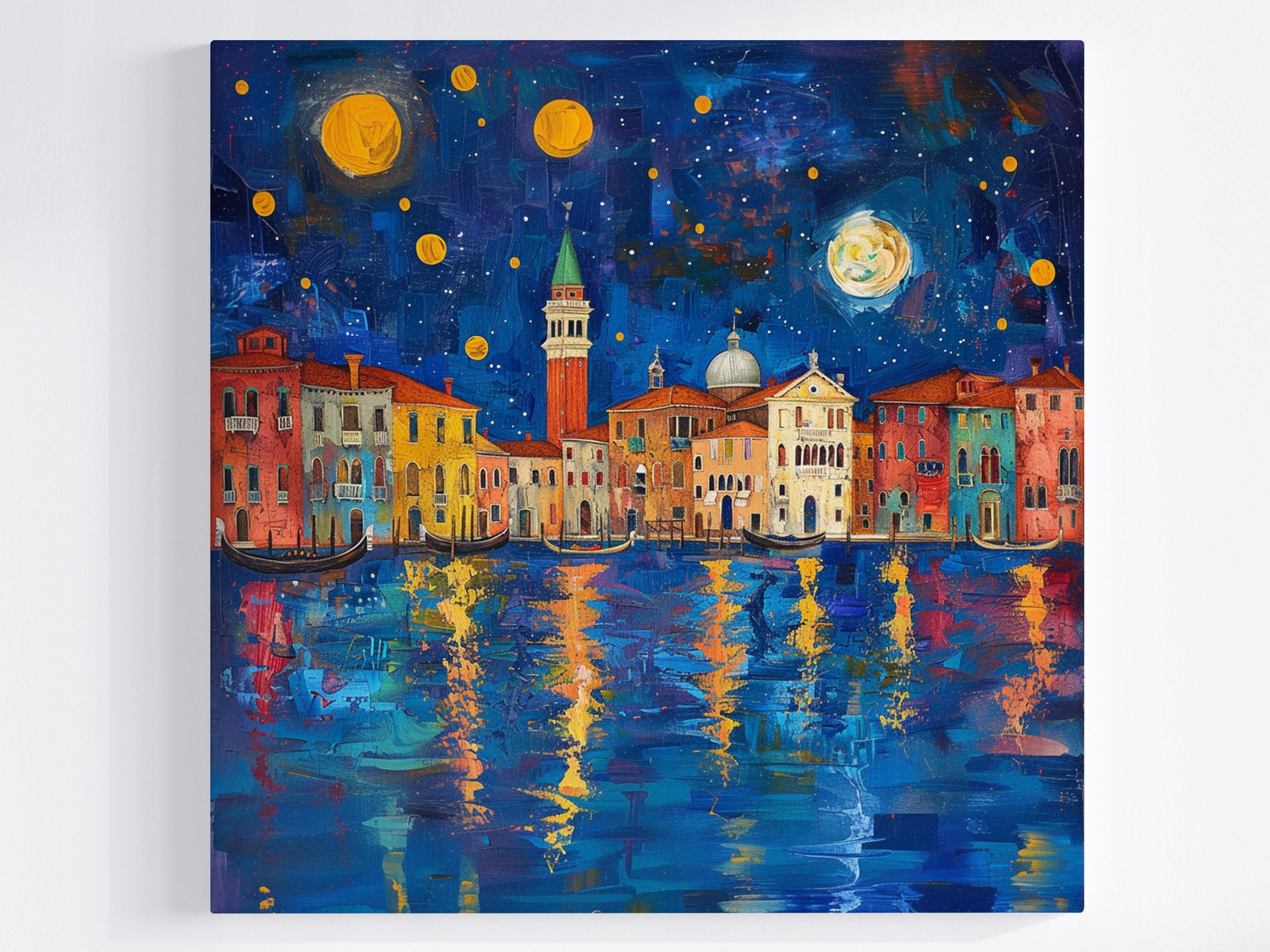 Obraz Na Plátně Canvas Benátky Noc Kanál Barevné Domy Měsíc 60x60