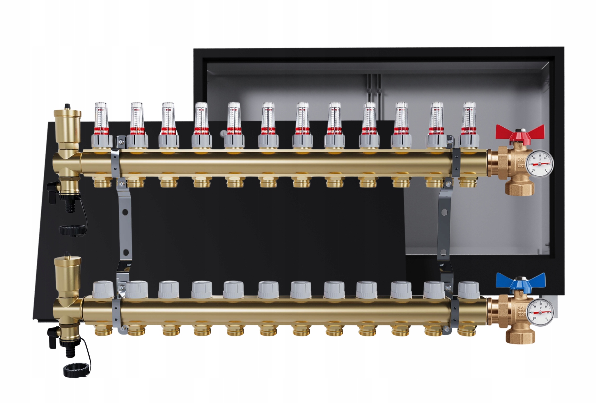 Rozdělovač Pro Podlahovku 12 Okruhů S Podomítkovou Skříní, Černý Ventily