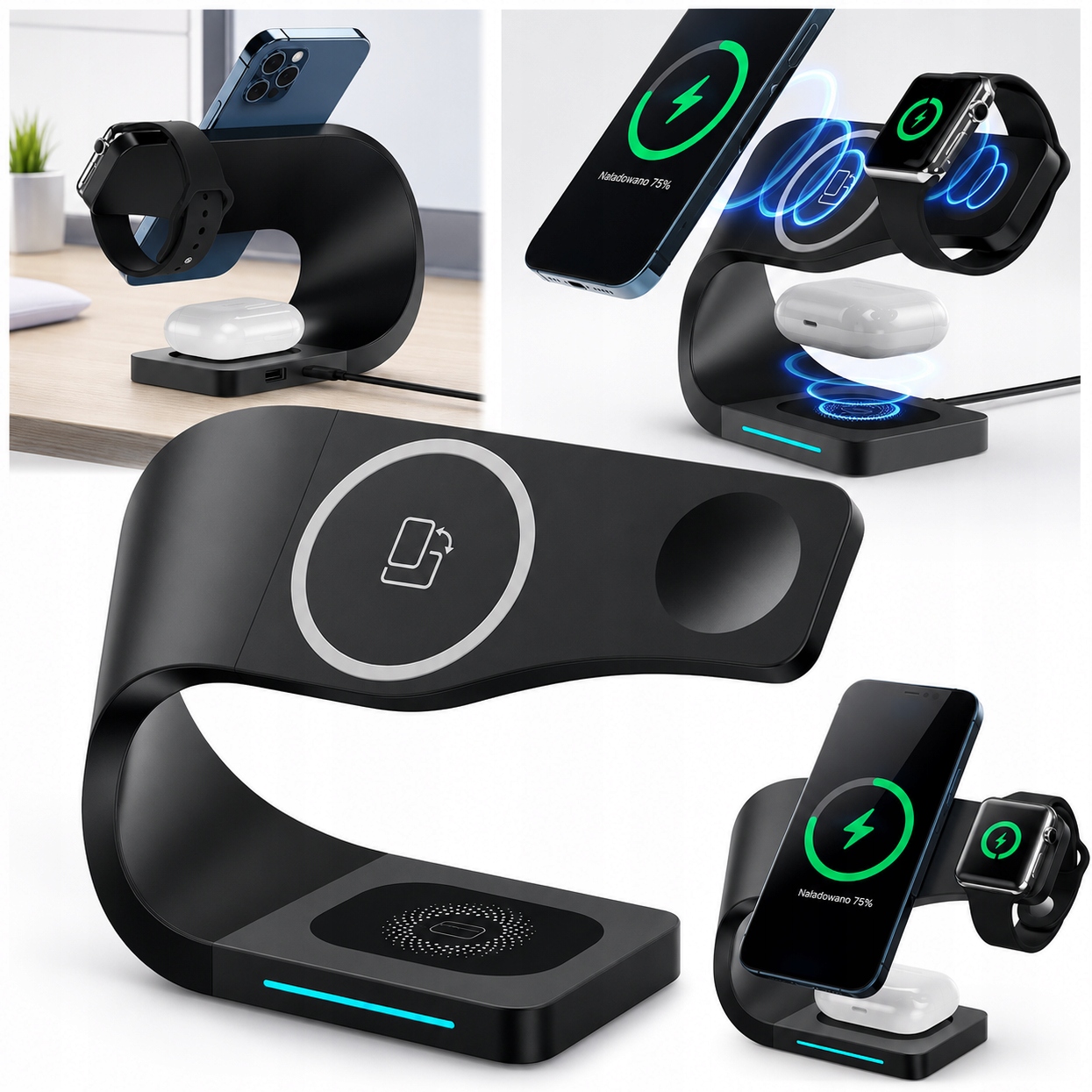 Ładowarka magnetyczna indukcyjna bezprzewodowa 4w1 Qi Quick Charge 15W Usb