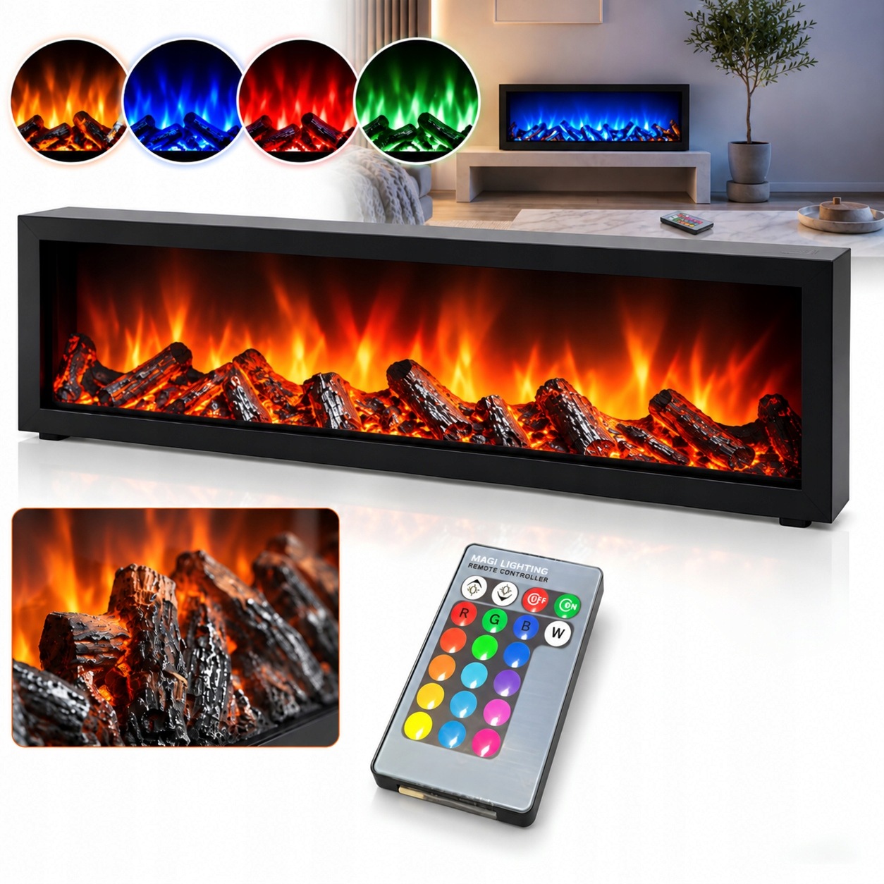 Elektrický krb Led 55 cm dálkové ovládání Usb baterie barevný plamen