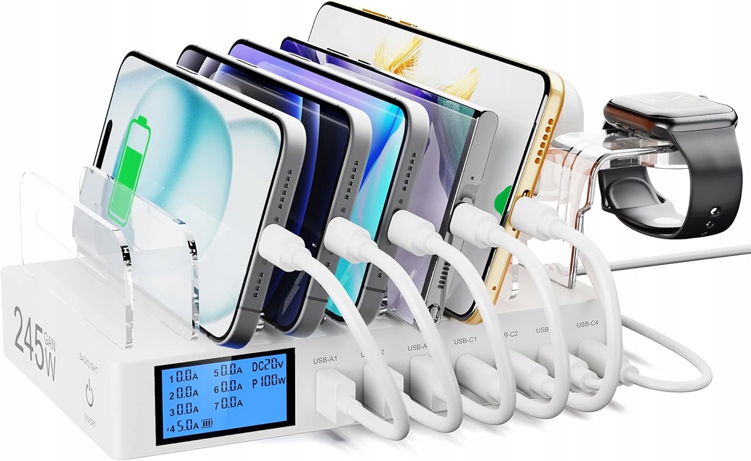 AJ104 Stacja ładująca Sanicata 245W 7 portów Pd 100W LCD i-Watch